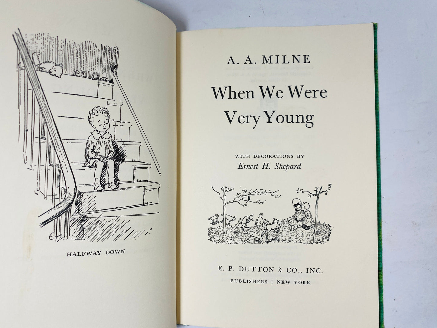 1961 Winnie the Pooh When We Were Very Young. House at Pooh Corner vintage book by AA Milne. Christopher Robin. Green cloth cover