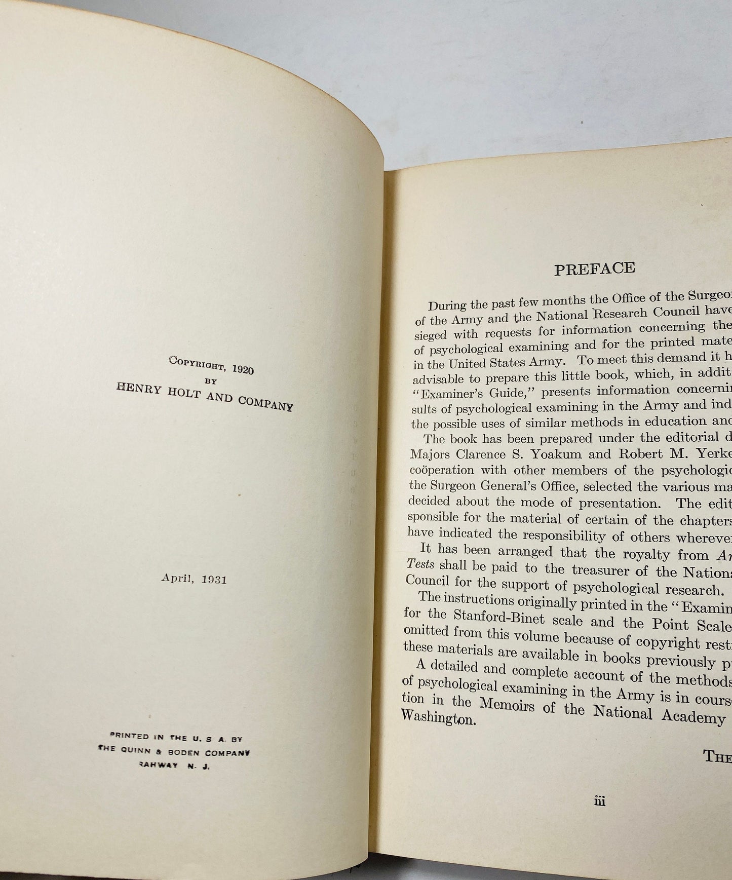 Army Intelligence antique book circa 1931 Government Mental Tests US War Department vintage rare collectible methodology psychology
