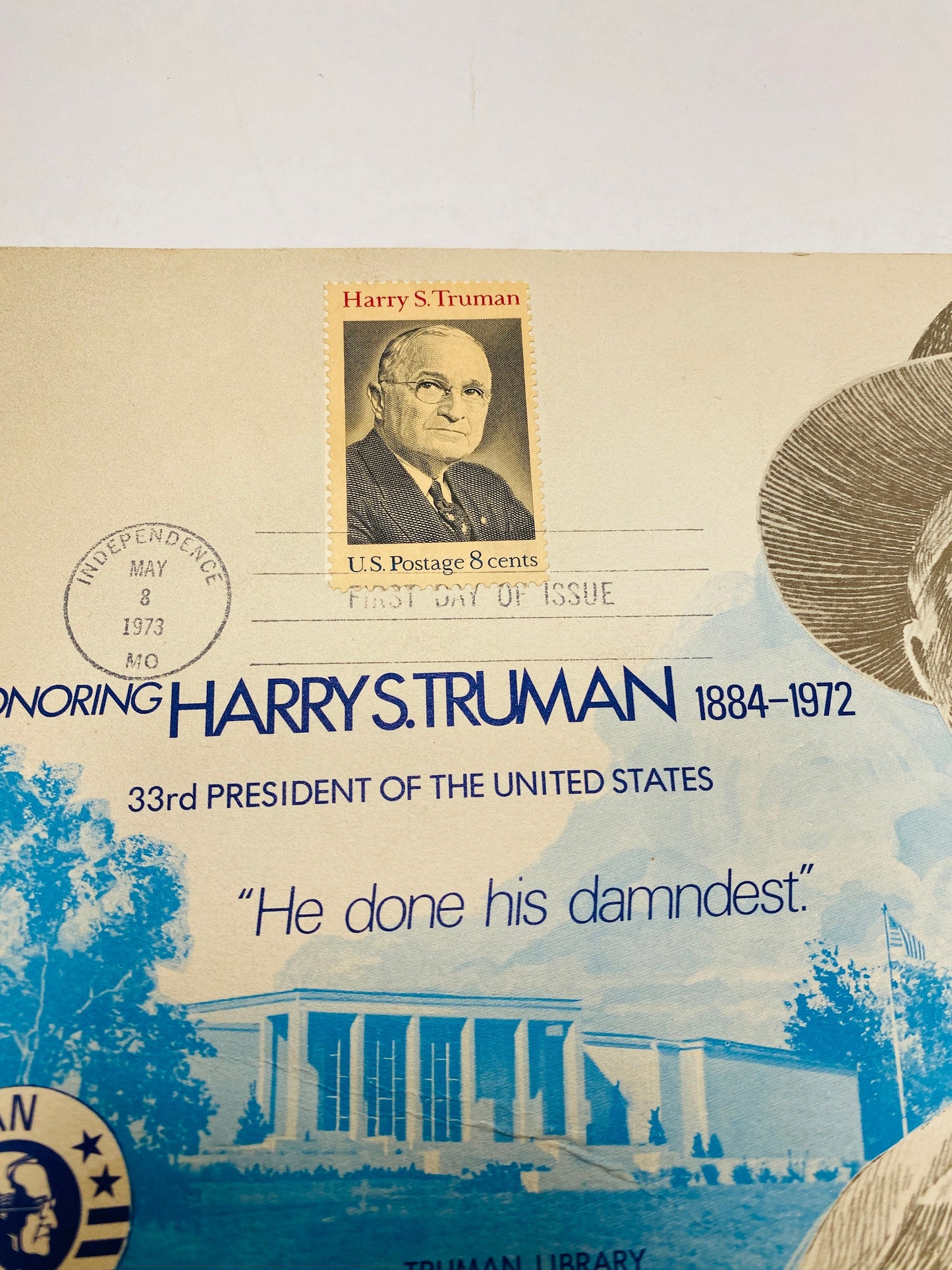 He Done His Damndest Harry S Truman A913 Truman Library Independence MI 33rd President vintage postage stamp US Post Office collectible.
