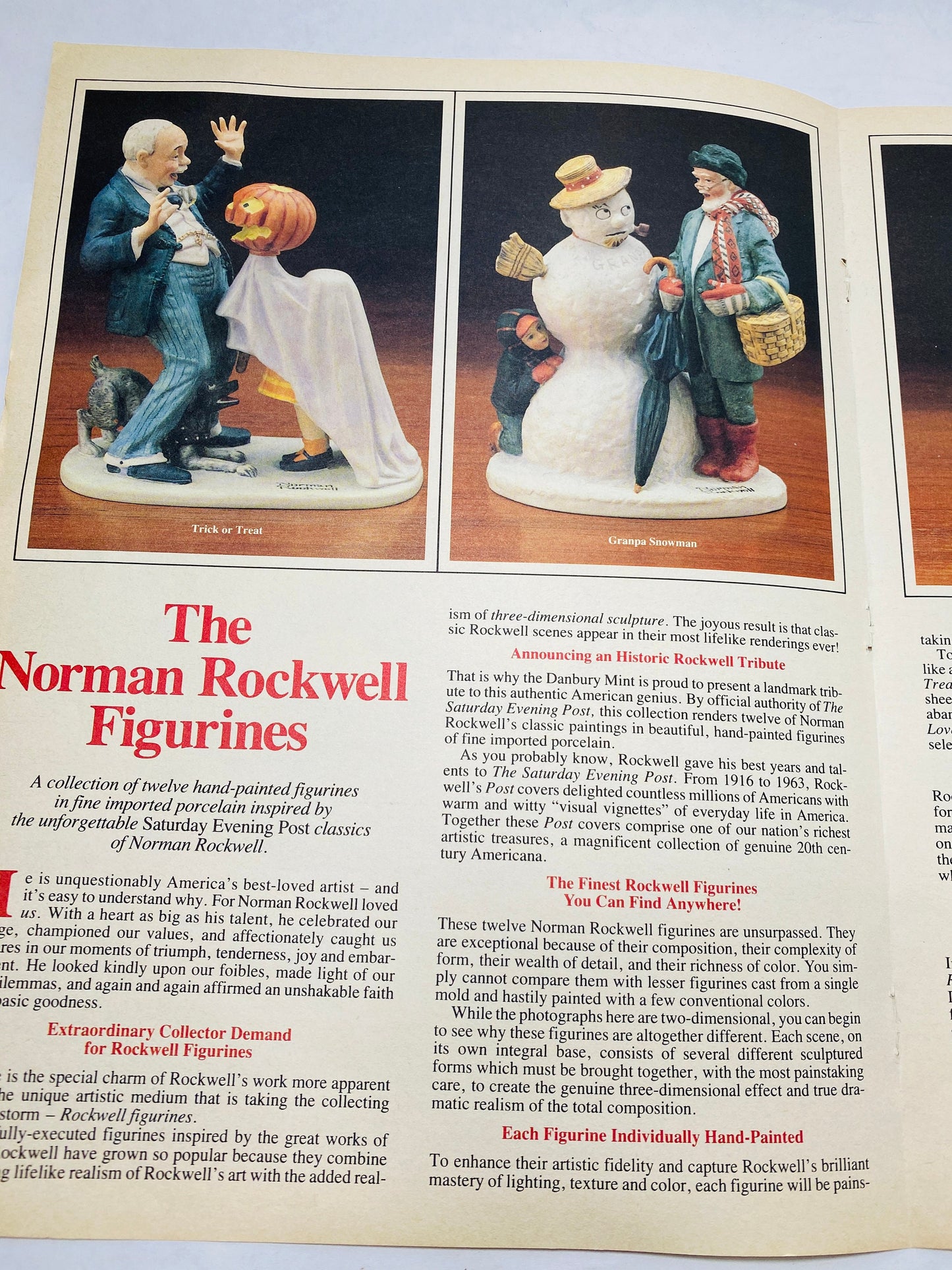 Norman Rockwell vintage advertisement figurines LARGE multi page brochure magazine insert circa 1984 grandpa snowman young love wall decor