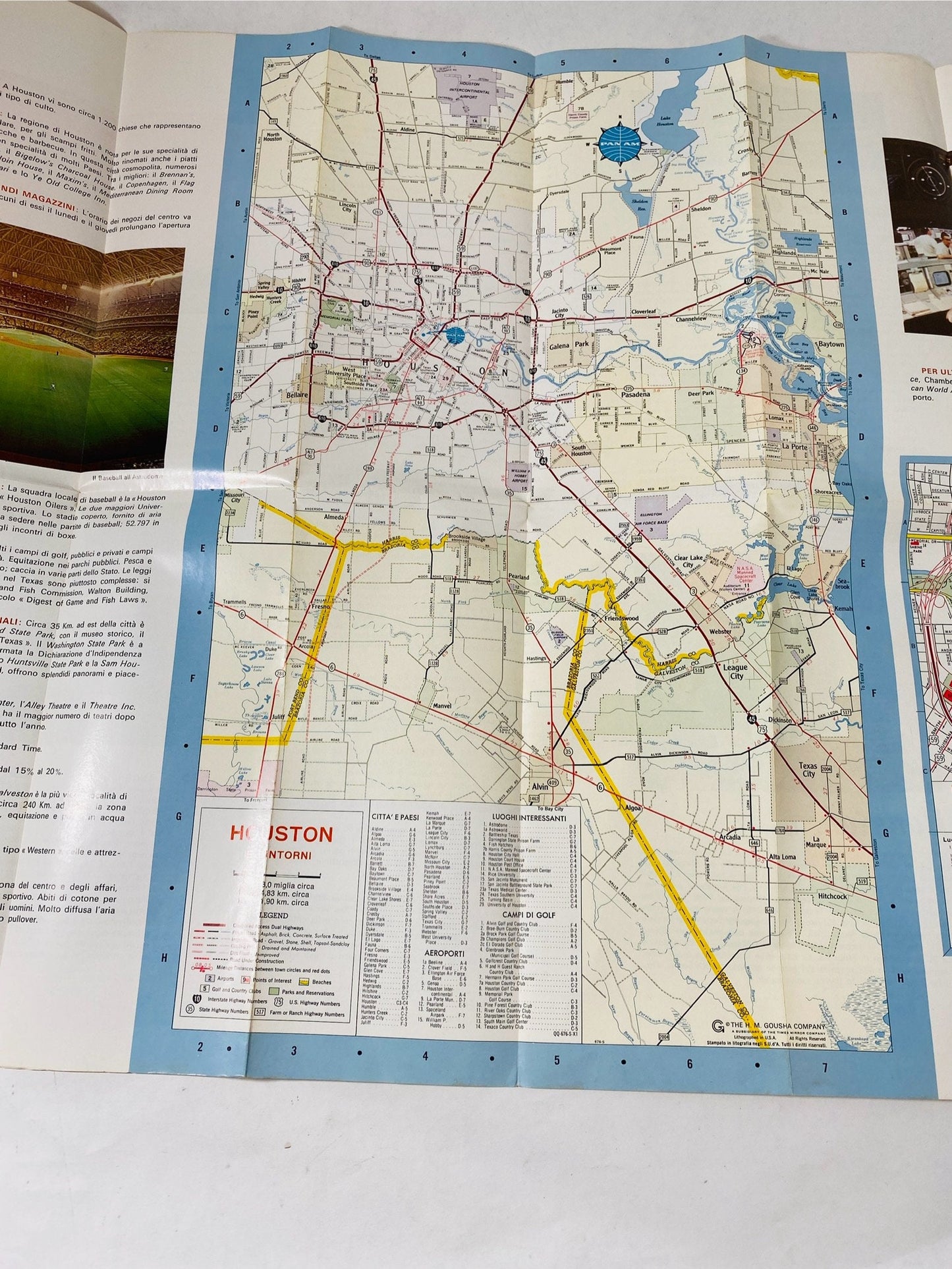 Vintage Pan Am Airways Houston Texas Pianta della città Airliner pamphlet circa 1952 written in Italian