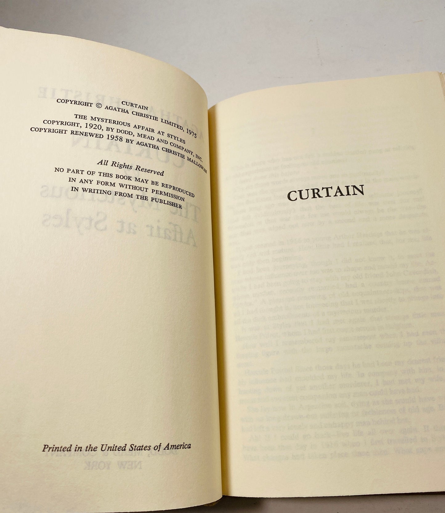 Curtain and The Mysterious Affair At Styles by Agatha Christie Vintage book circa 1975 Features Detective Hercule Poirot. Book lover gift