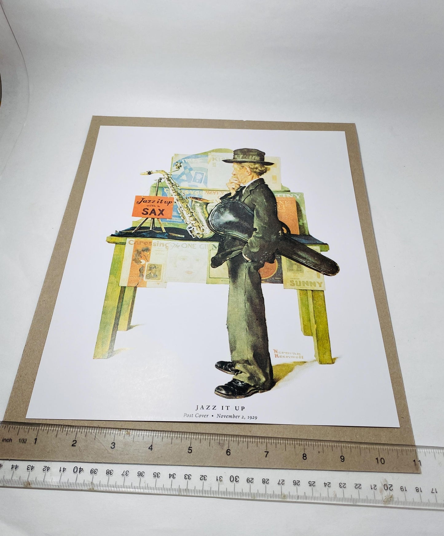 Jazz It Up with Sax Norman Rockwell Saturday Evening Postcover reprint musician saxaphone with matting Christmas Chanukah gift