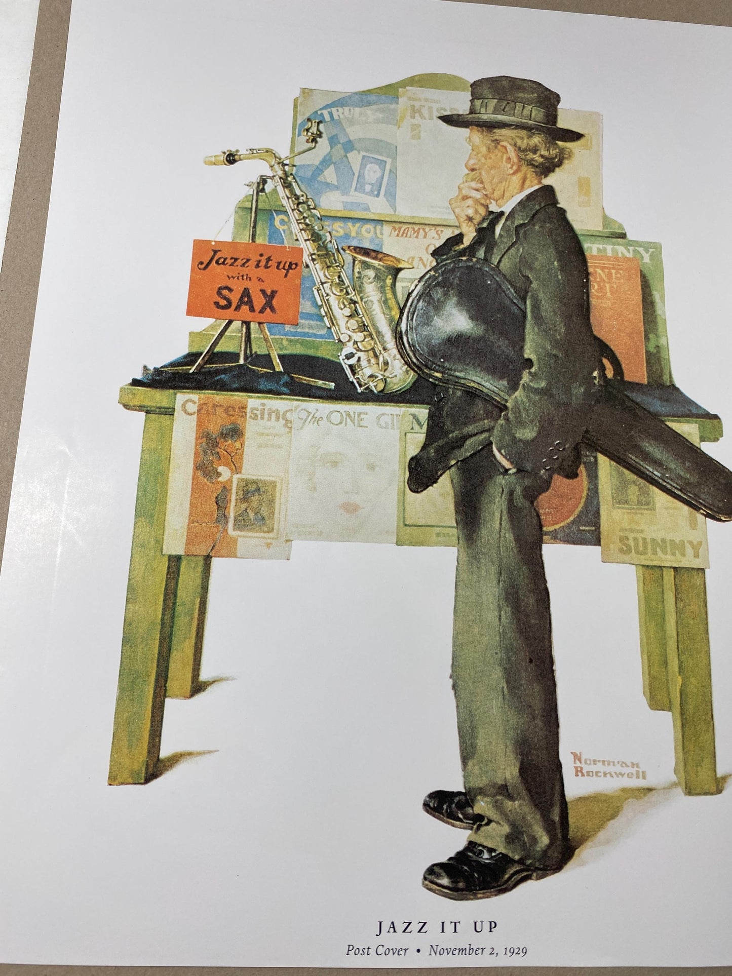 Jazz It Up with Sax Norman Rockwell Saturday Evening Postcover reprint musician saxaphone with matting Christmas Chanukah gift