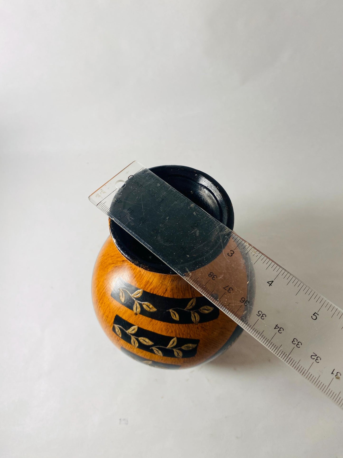 Vintage Painted Wooden Vase Black Gold Floral Faux Wood Grain Small Bud Vase Folk Art Decor circa 1960s