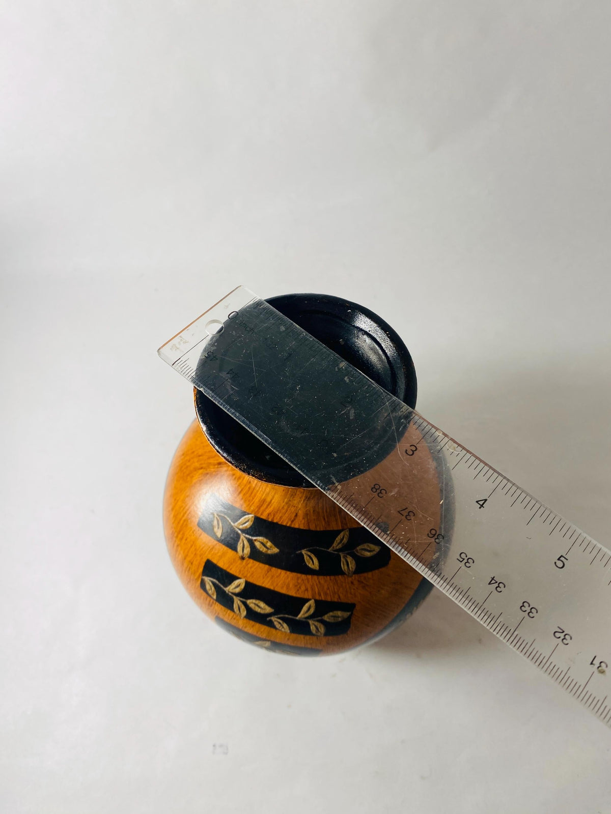 Vintage Painted Wooden Vase Black Gold Floral Faux Wood Grain Small Bud Vase Folk Art Decor circa 1960s