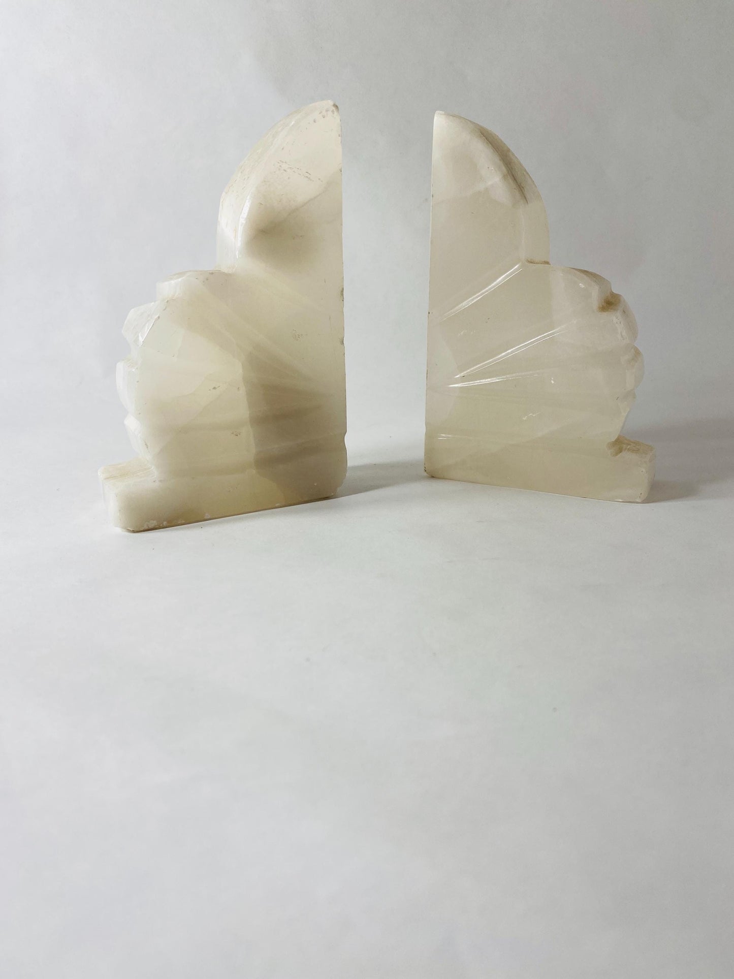 Vintage art deco alabaster bookends Beautiful cream color White Banded Stone Shell Fan Small Art Deco Marble Desk Decor