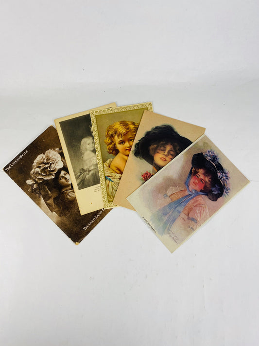 Vintage postcard lot tinted women set Home office decor suitable for framing. Cherub baby, women with hats