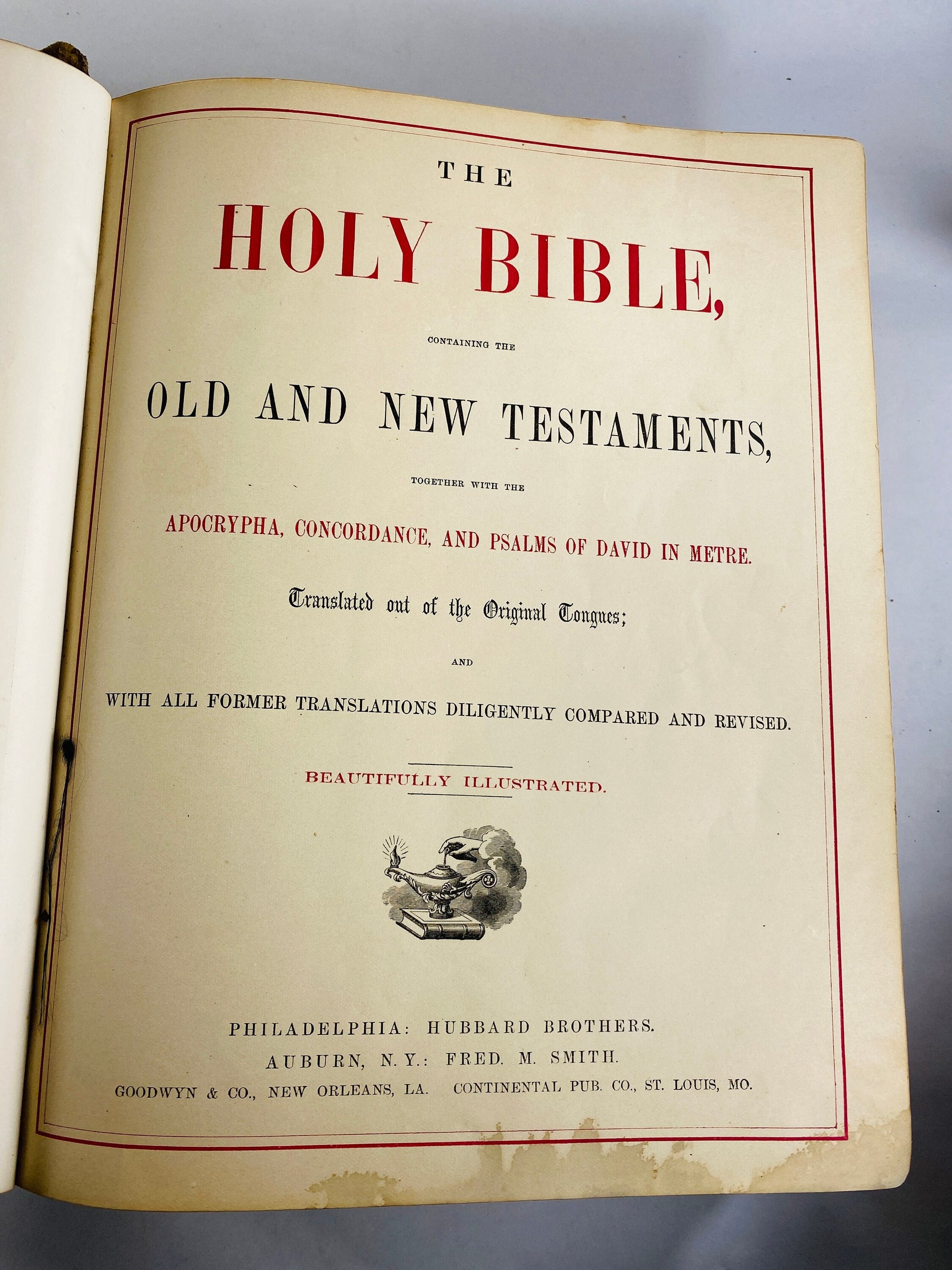 1882 Antique Holy Bible HUGE vintage leather book Munroe Thomas Elizabeth Johnston Family history illustrated steel engravings maps atlas