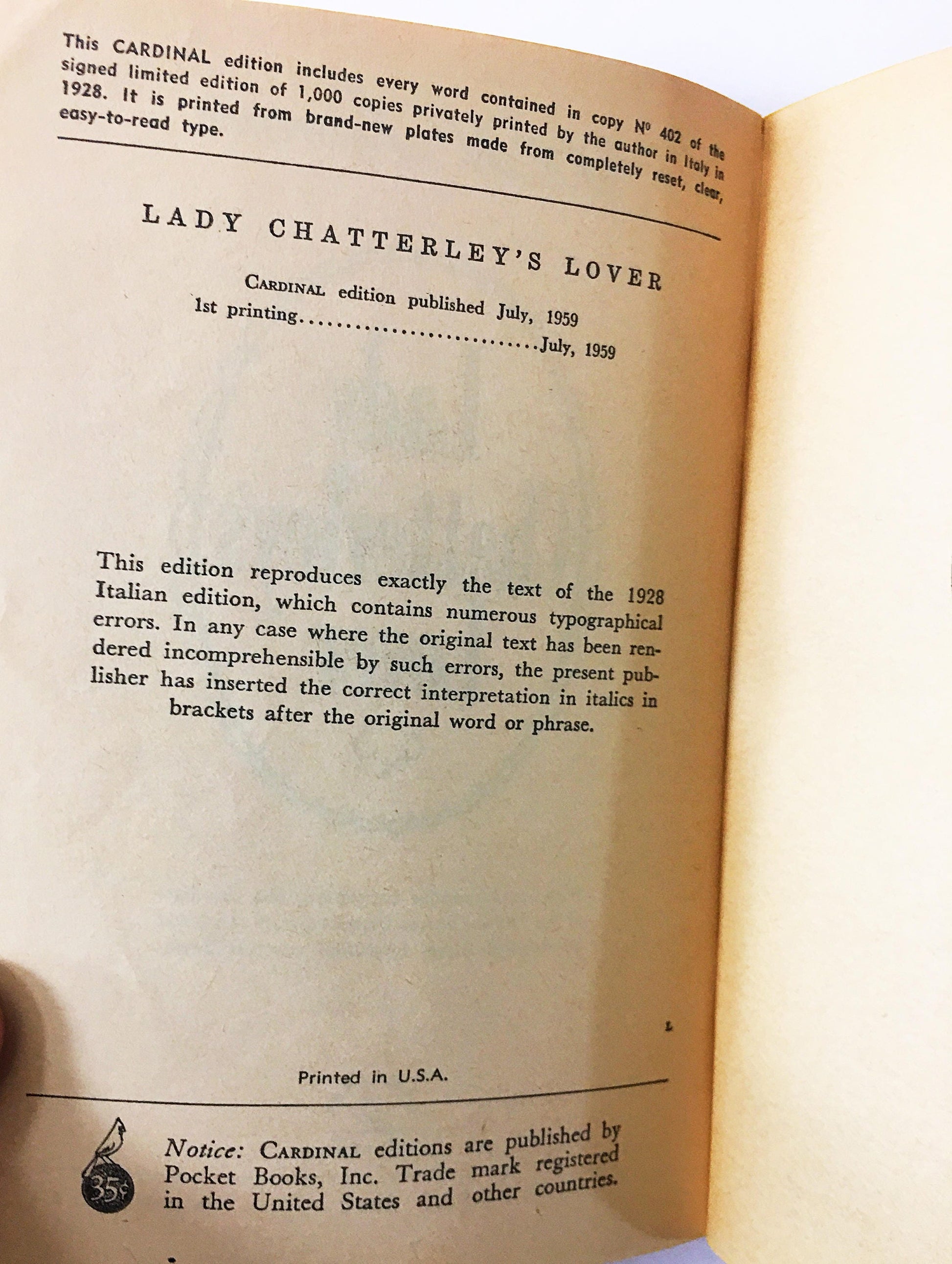 Lady Chatterley's Lover Book. Vintage Paperback book. DH Lawrence. Vintage book circa 1959,