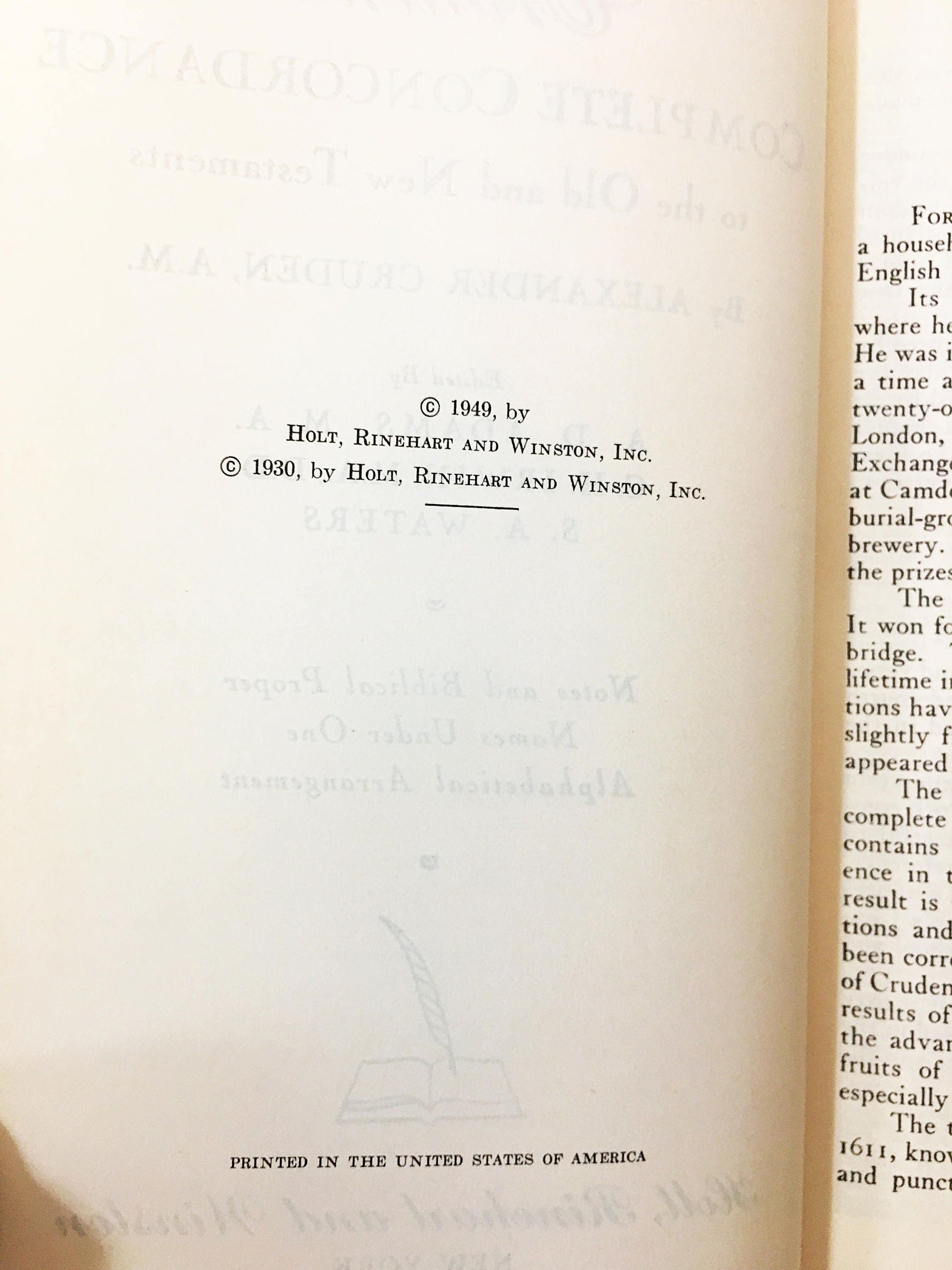 Cruden's Complete Concordance of the Old and New Testaments. Vintage book circa 1949. Cruden, Alexander. Religious book lover gift.