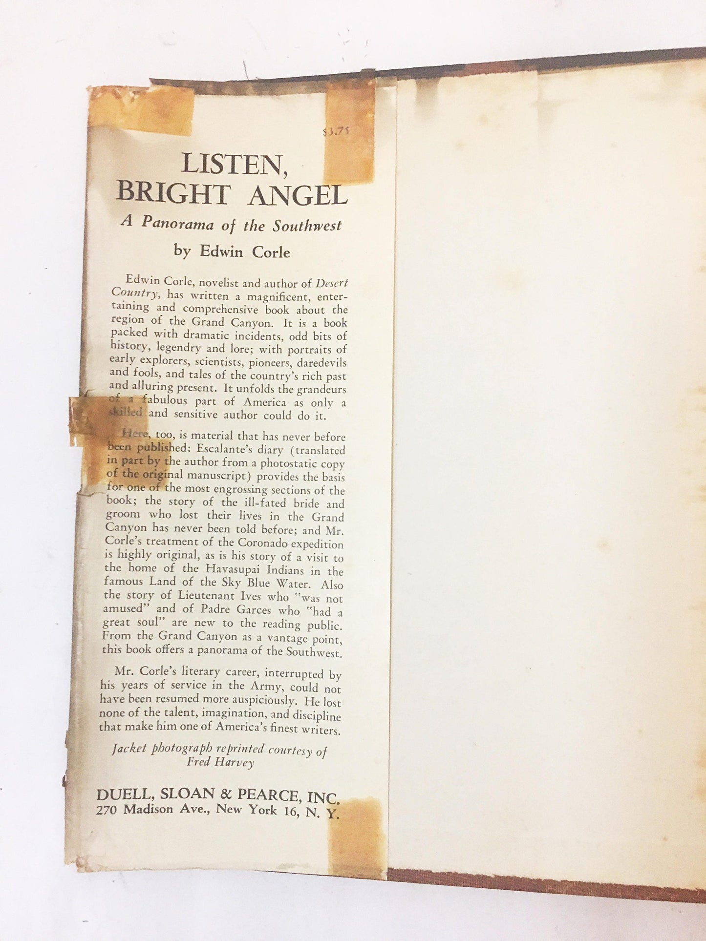 Listen, Bright Angel panorama of the Southwest First Edition book circa Edwin Corle circa 1946. New York: Duell, Sloan and Pearce