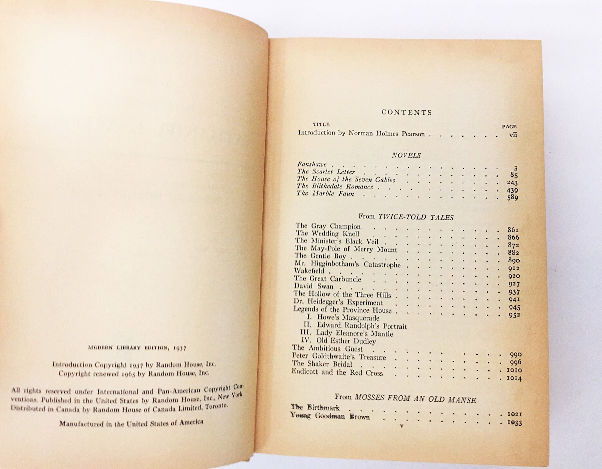 Nathaniel Hawthorne Complete Novels and Selected Tales. Yellow bookshelf home decor Modern Library vitnage book circa 1965.