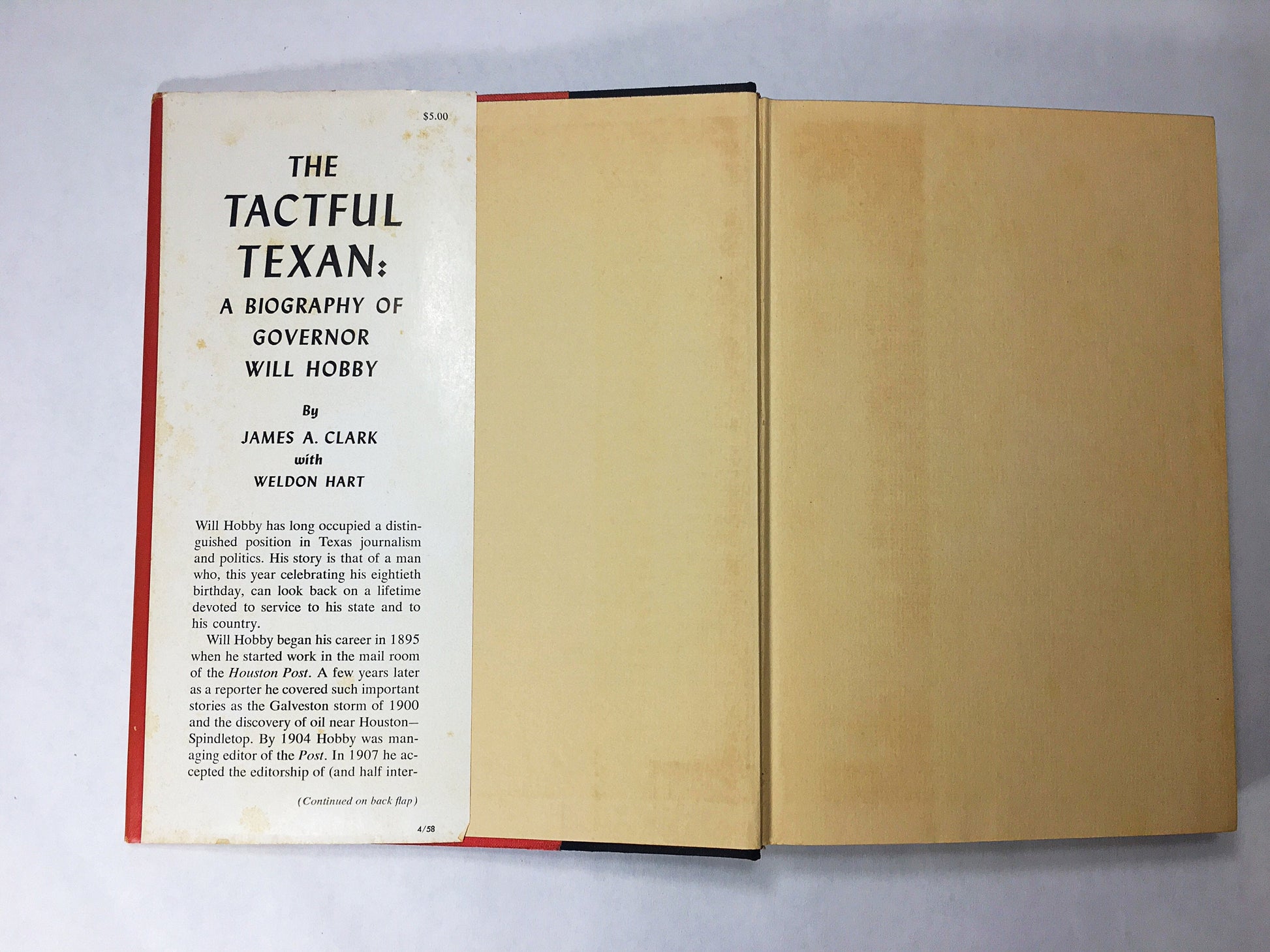 Texas Governor Will Hobby Tactful Texan FIRST EDITION vintage Biography book circa 1958 by James Clark Fantastic history lover gift.