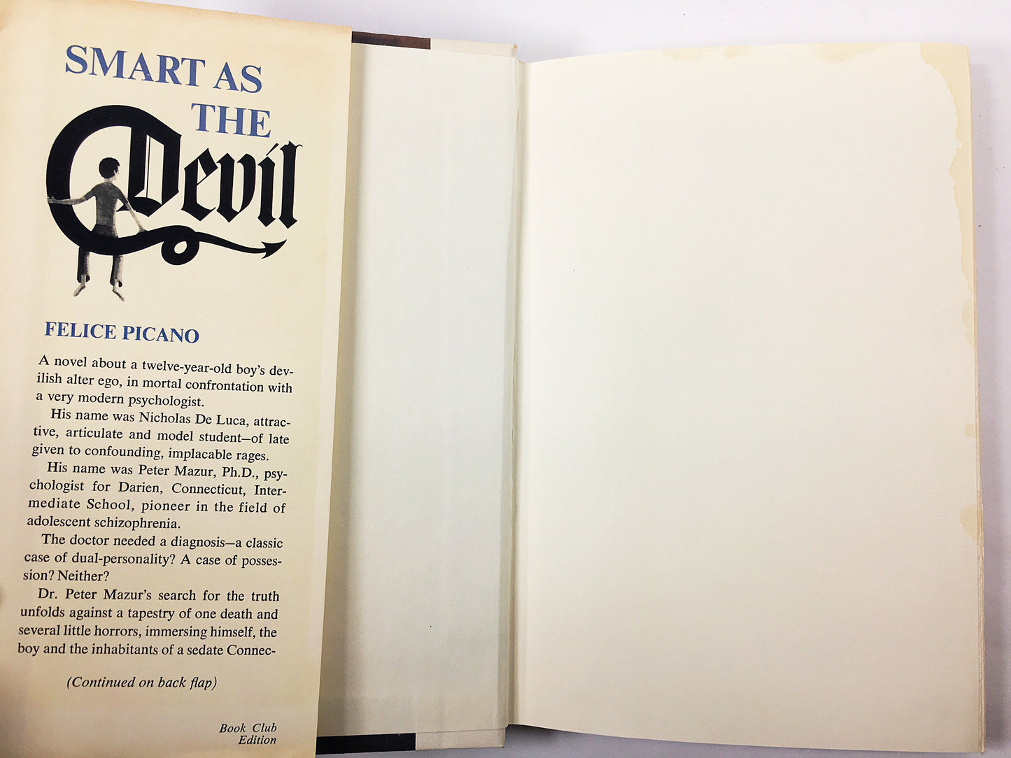 Smart As the Devil vintage book by Felice Picano circa 1975 about a boy who may be possessed and a very modern psychologist.