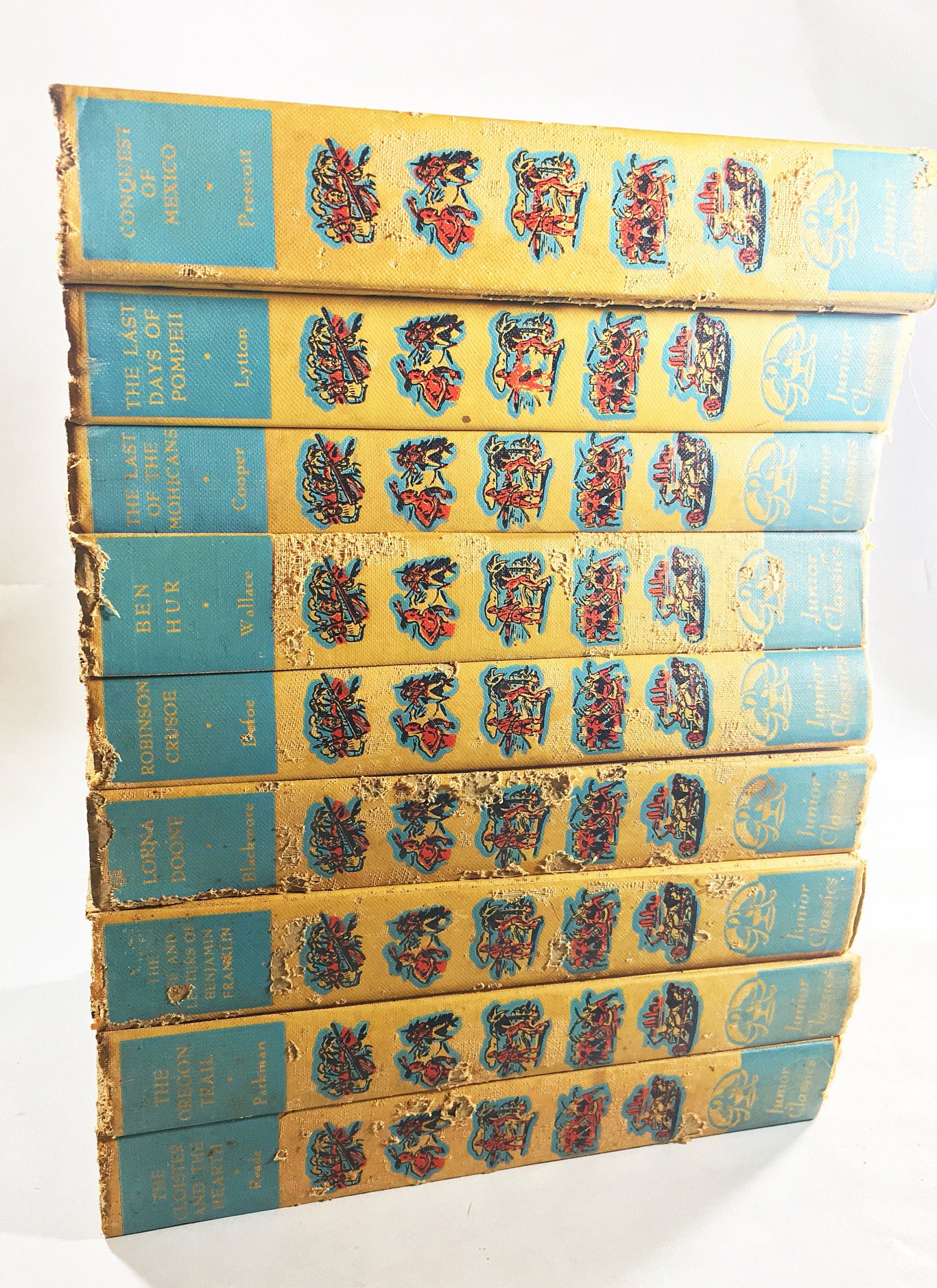 1937 Young Folks Library for Boys & Girls children's Junior Classics 9 volume book lot Vintage book set Nursery Yellow bookshelf decor