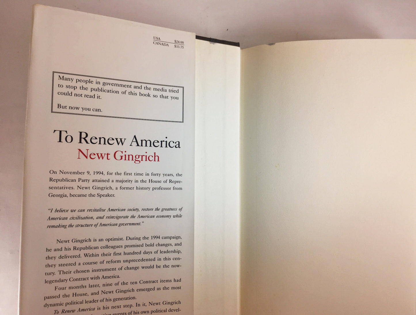 Newt Gingrich Biography. First Edition vintage book circa 1995. To Renew America. Book lover gift. White book decor. Republican