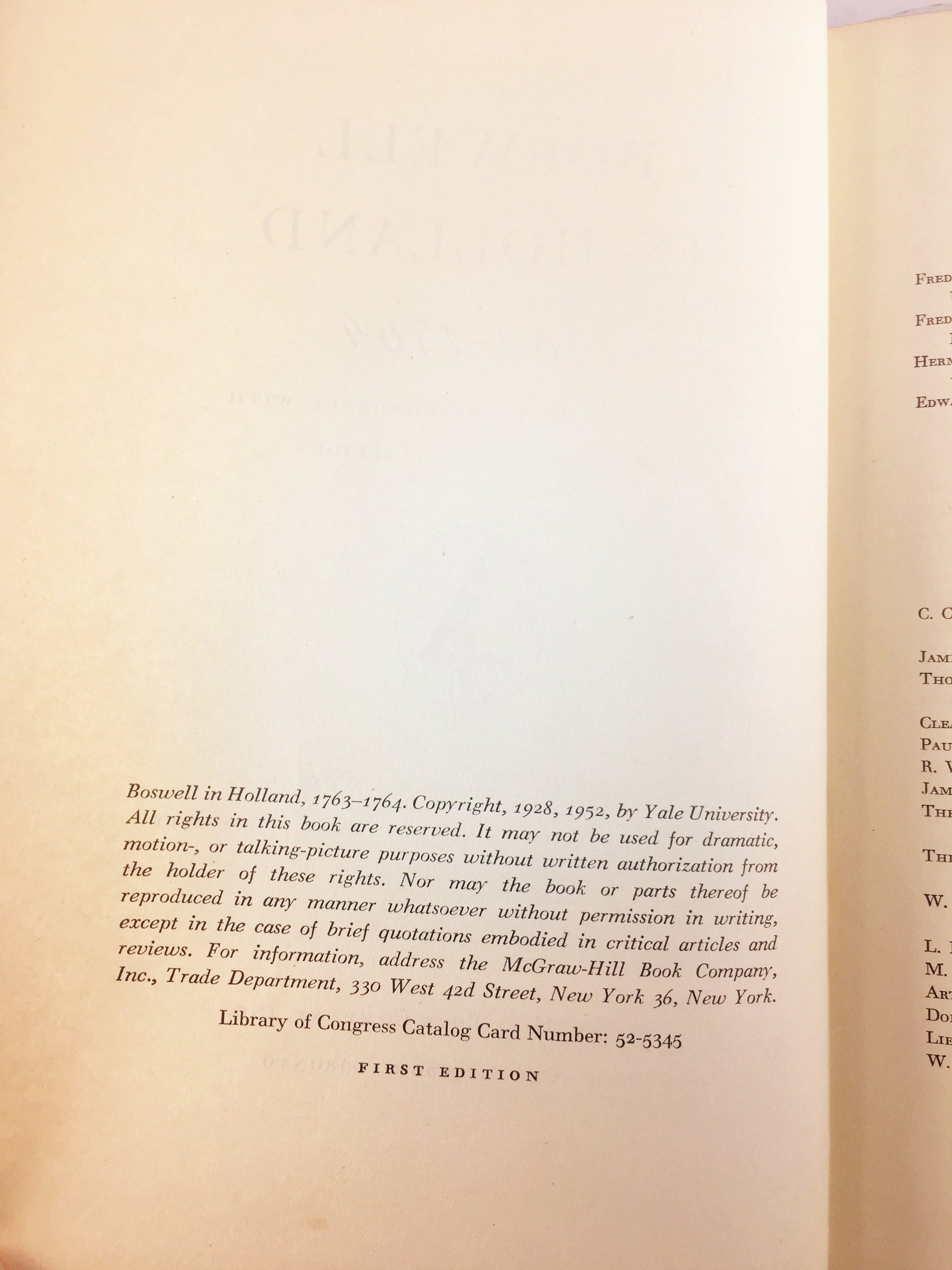 Boswell in Holland-1763-1764, Including the Correspondence With Belle De Zuylen. FIRST EDITION vintage book. Yale Edition circa 1952