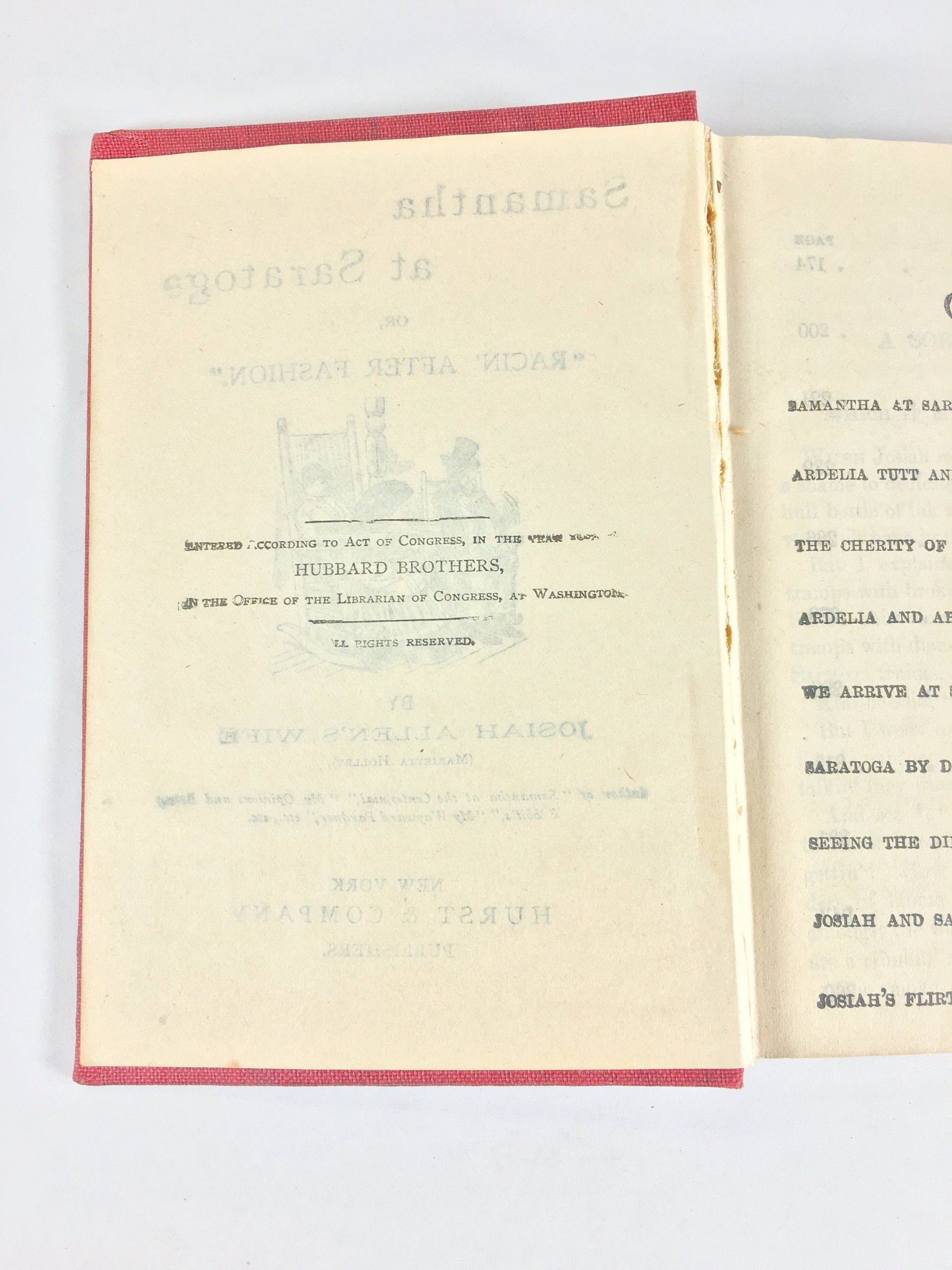 Samantha at Saratoga. Antique book circa 1887 by Marietta Holley whose writing was frequently compared to that of Mark Twain and Edgar Nye