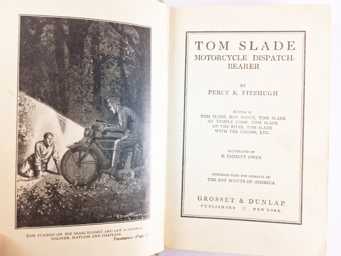 Tom Slade Motorcycle Dispatch Bearer by Percy Fitzhugh circa 1918. Boy Scouts WWII Antique vintage book gift. Green decor