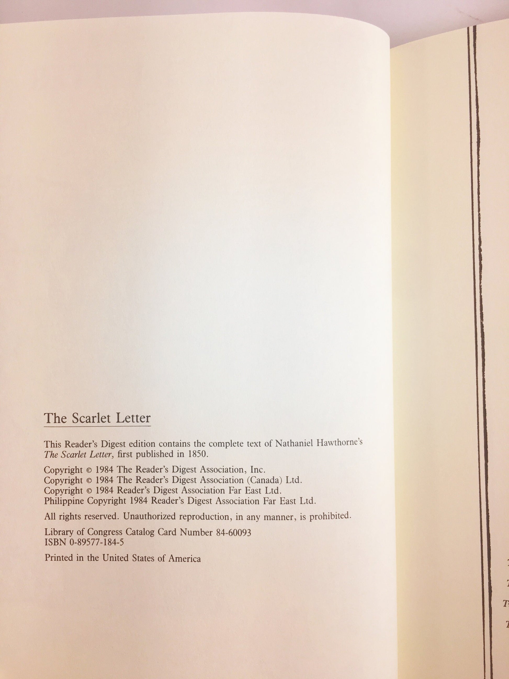 Scarlet Letter by Nathaniel Hawthorne circa 1985. Readers Digest book series. Vintage book circa 1984