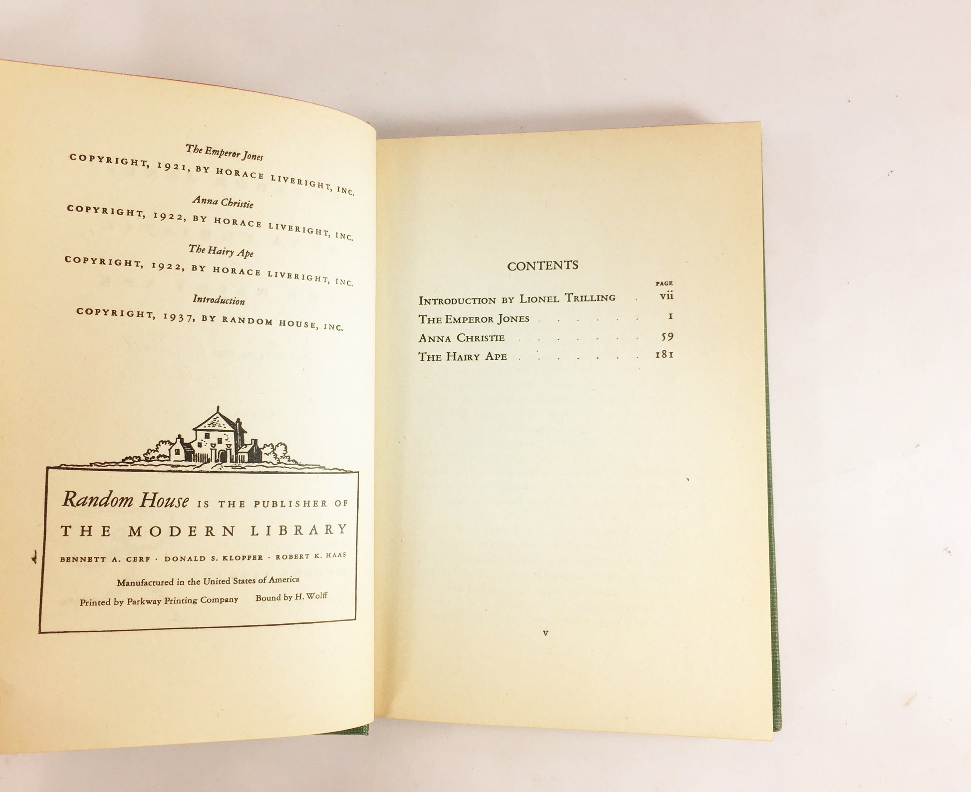 Eugene O'Neill plays Emperor Jones, Christie Hairy Ape Vintage honeydew green cloth Modern Library book circa 1937 Theatre plays drama