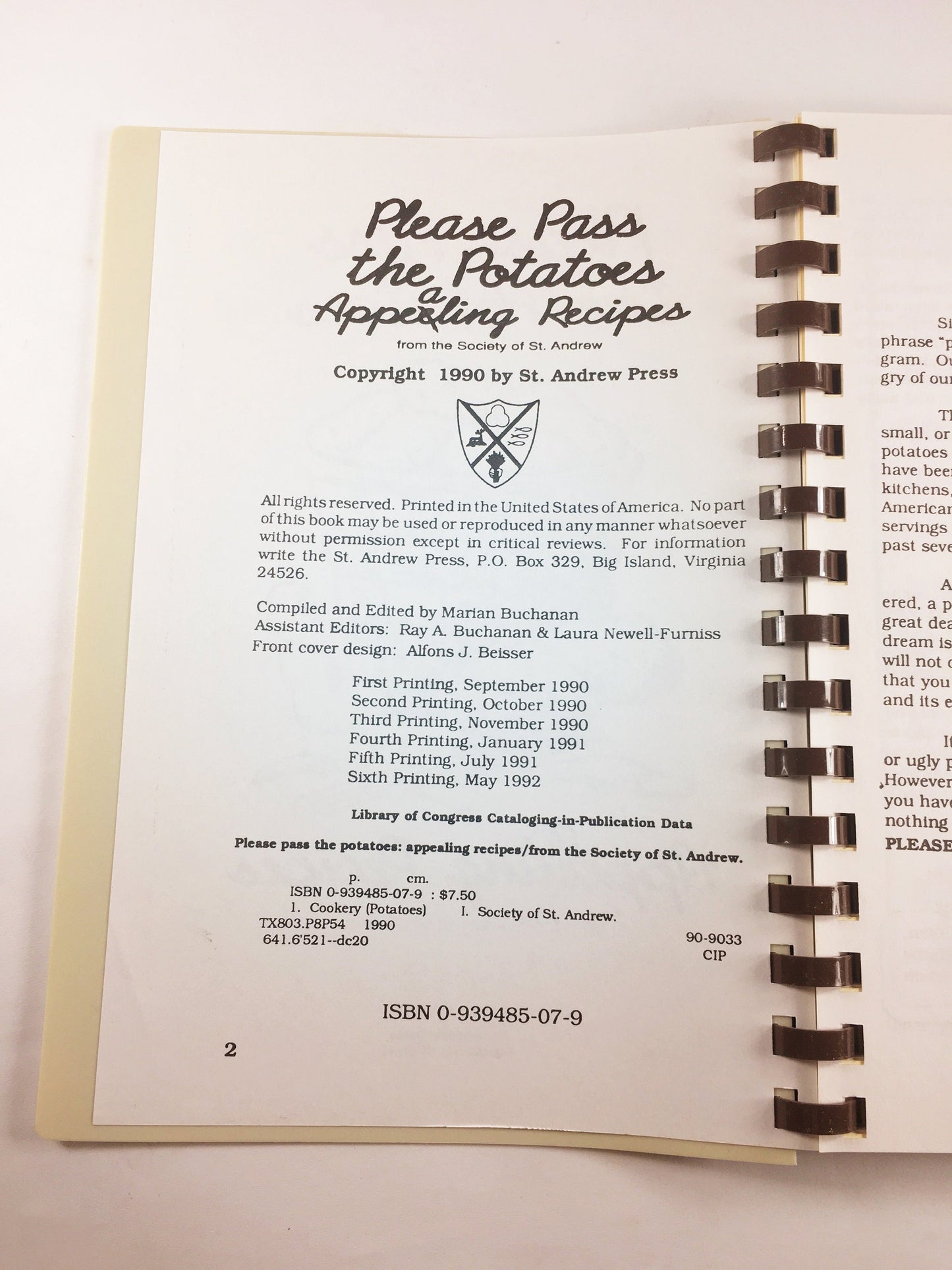 Please Pass the Potatoes. Vintage cookbook circa 1990 by Marian Buchanan, Laura Newell-Furniss and Ray A. Buchanan. Saint Andrews hunger