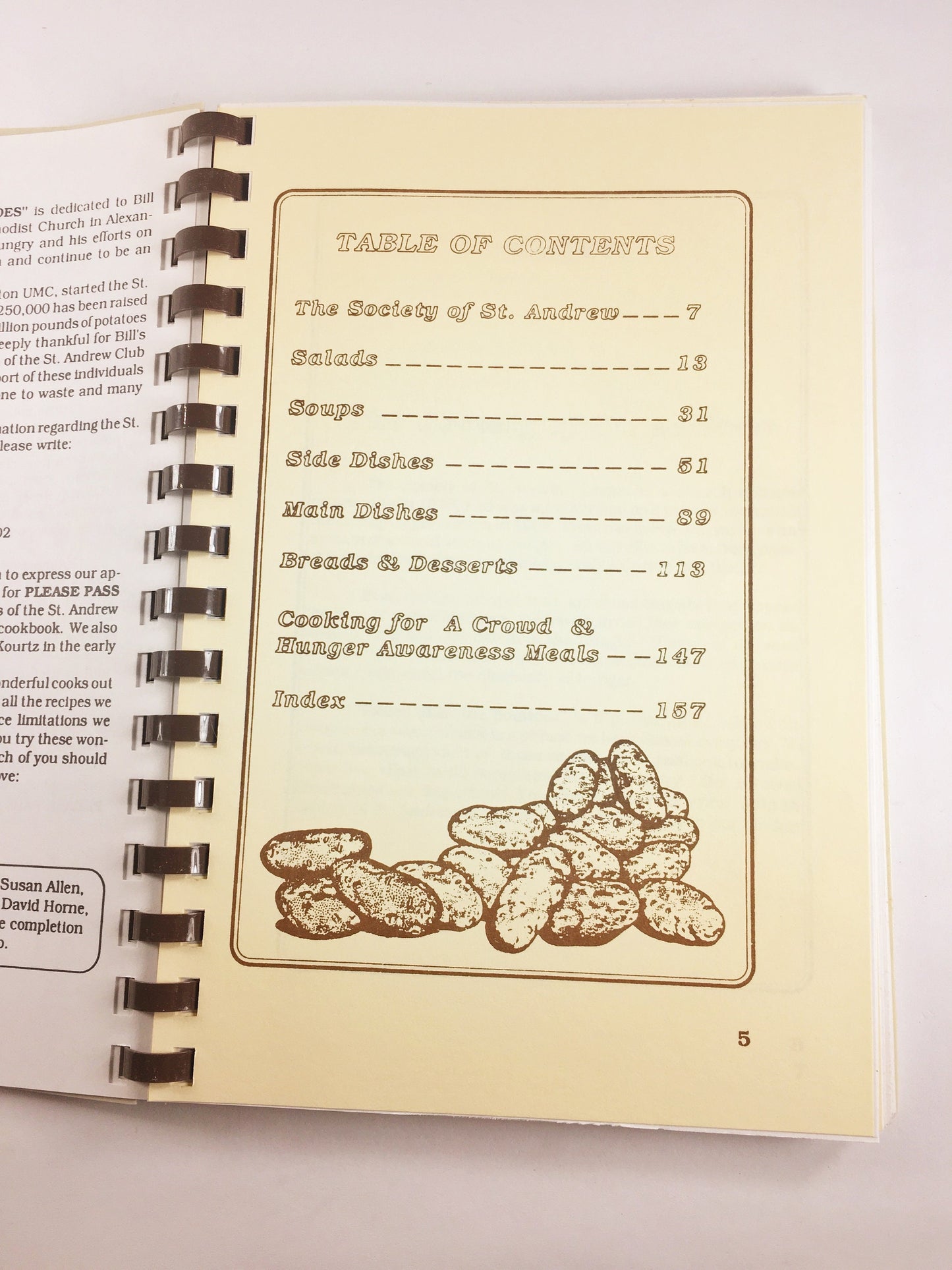 Please Pass the Potatoes. Vintage cookbook circa 1990 by Marian Buchanan, Laura Newell-Furniss and Ray A. Buchanan. Saint Andrews hunger