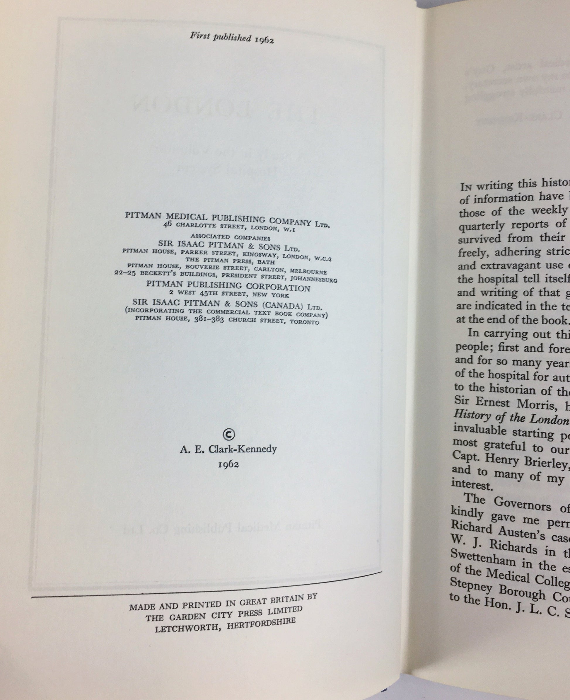 1962 London a Study in the Voluntary Hospital System. Vintage book by Clark-Kennedy circa 1962. Origin of hospitals in the 18 century. Vol 1