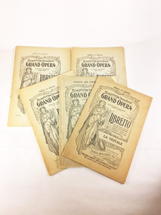 Vintage opera booklet dated 1910 from the Metropolitan Grand Opera House in New York City. Librettos options are 
Marouf, Aida, Man Without a Country, La Vestale and Mignon