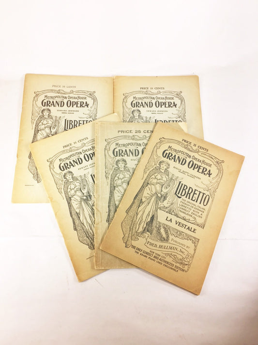 Vintage opera booklet dated 1910 from the Metropolitan Grand Opera House in New York City. Librettos options are 
Marouf, Aida, Man Without a Country, La Vestale and Mignon