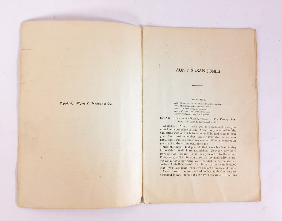1886 vintage Victorian play Aunt Susan Jones by H Elliott McBride. Eccentric woman pretends she's deaf to expose hypocrisy