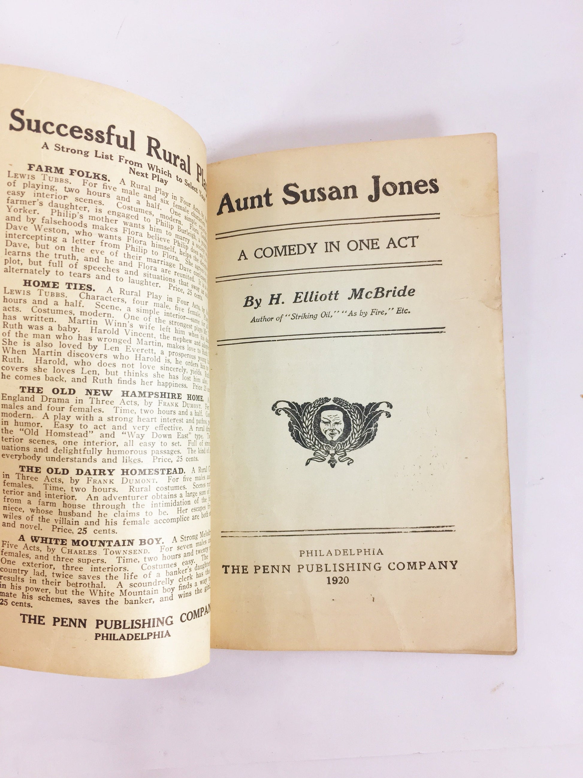 1886 vintage Victorian play Aunt Susan Jones by H Elliott McBride. Eccentric woman pretends she's deaf to expose hypocrisy