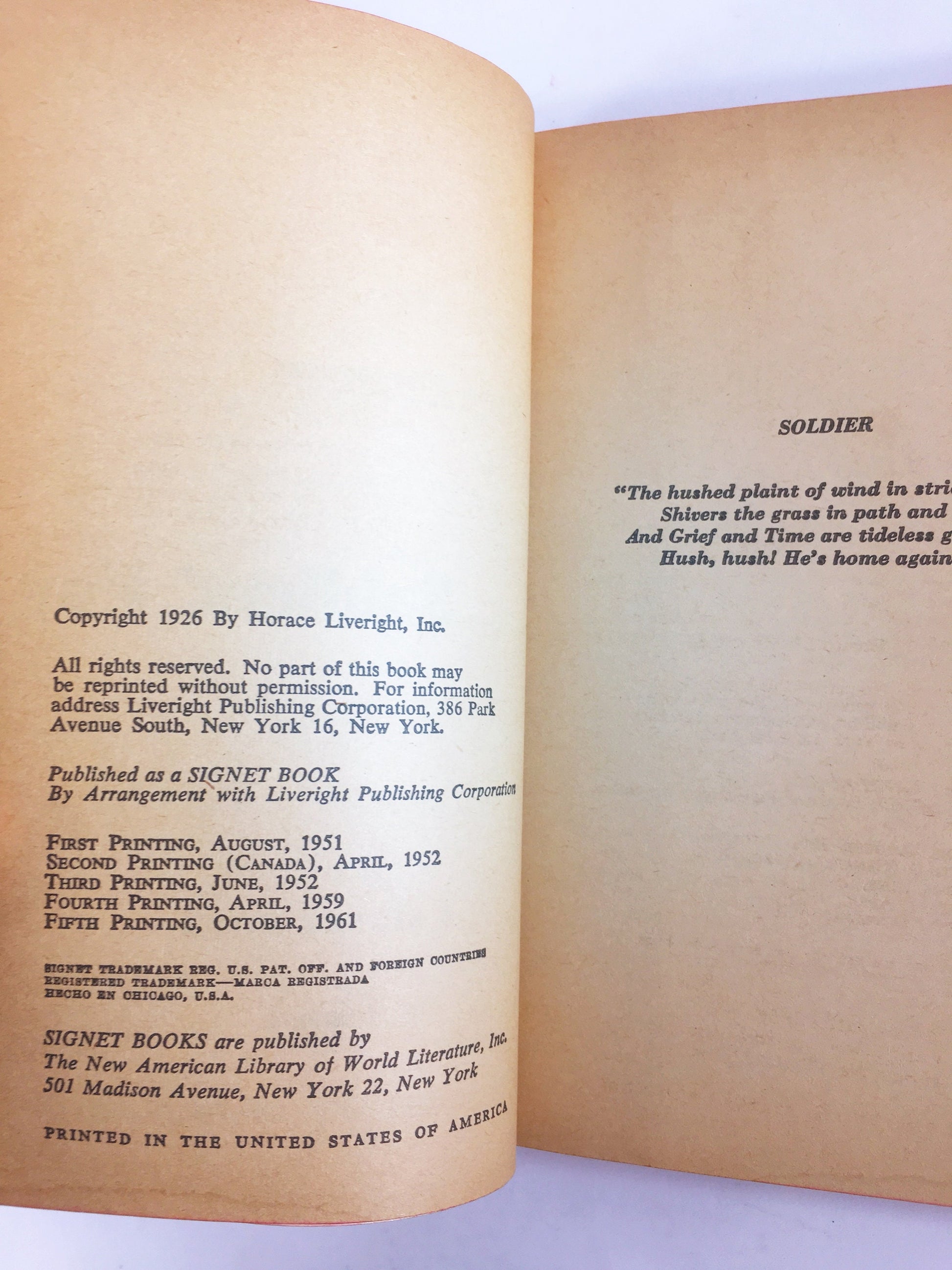 William Faulkner Soldiers' Pay. Vintage Signet paperback book circa 1961. Faulkner’s first novel deals powerfully with lives blighted by war