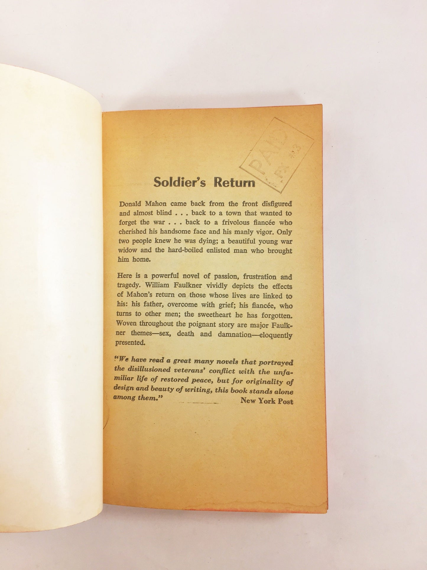 William Faulkner Soldiers' Pay. Vintage Signet paperback book circa 1961. Faulkner’s first novel deals powerfully with lives blighted by war