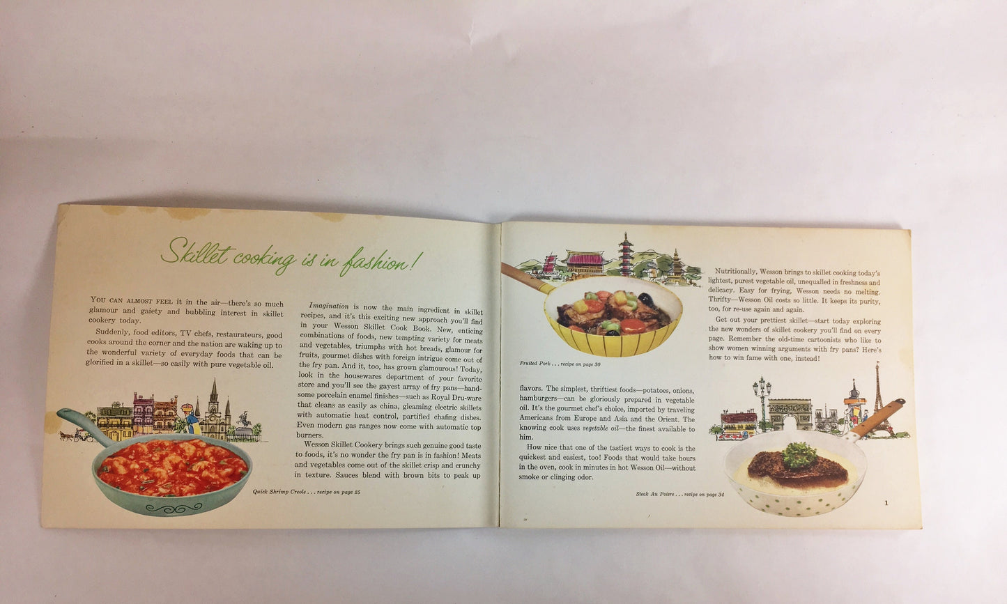 Skillet cookbook by Wesson Oil circa 1958. Vintage advertising booklet collectible. Perfect retro stocking stuffer!