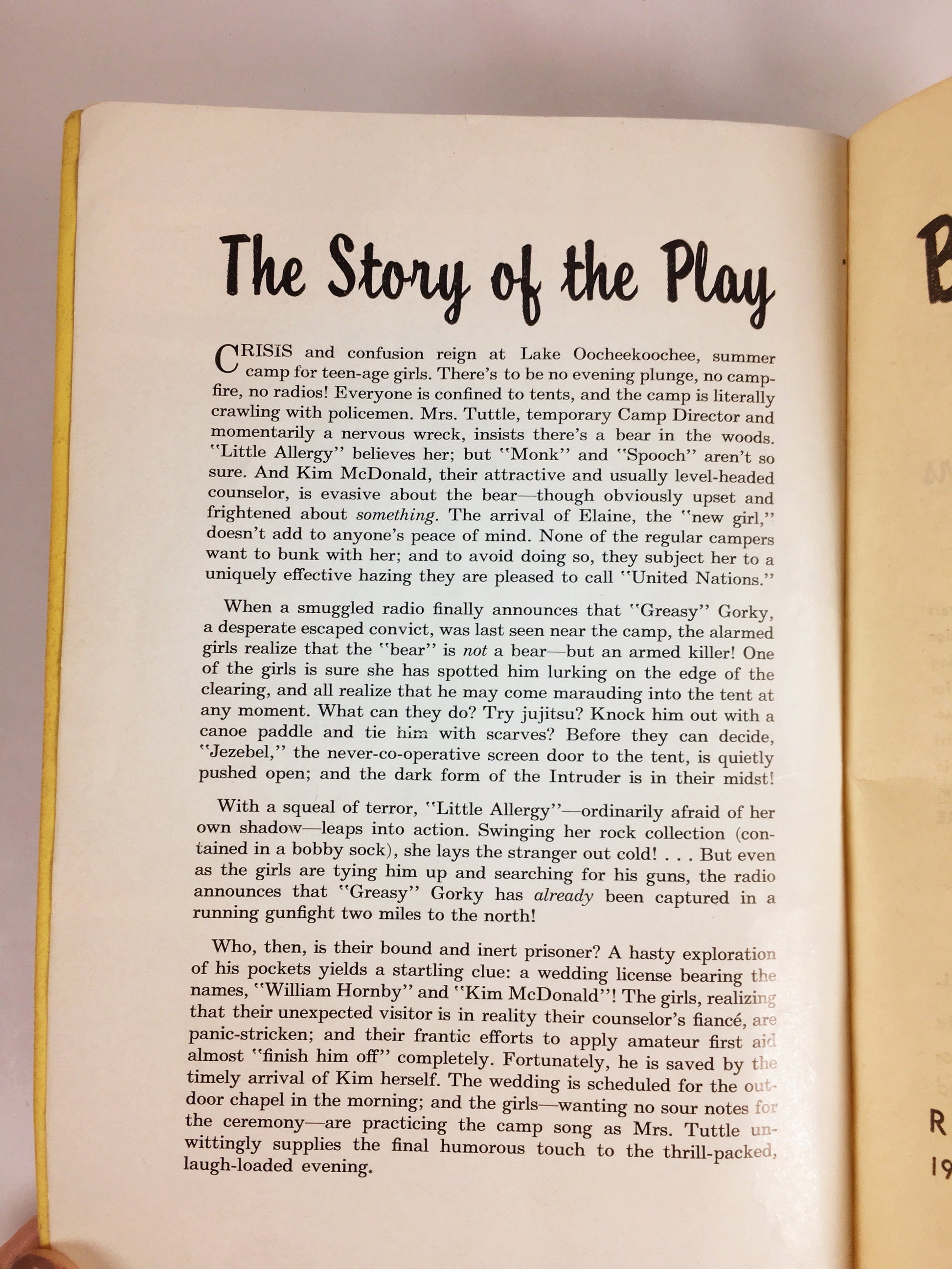 1953 Vintage theatre script Beware the Bear! Comedy in one act by Margaret Crary about a crises at the teenage girl summer camp lake.