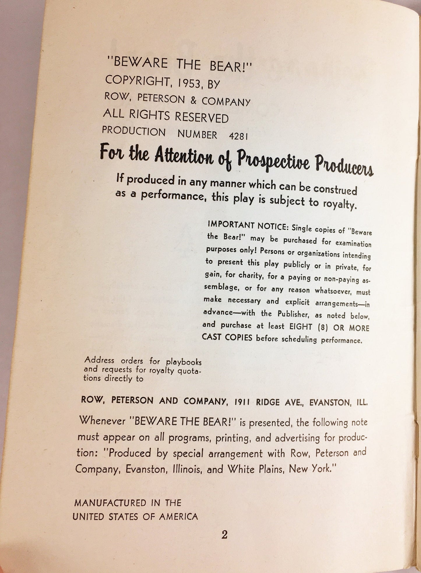 1953 Vintage theatre script Beware the Bear! Comedy in one act by Margaret Crary about a crises at the teenage girl summer camp lake.