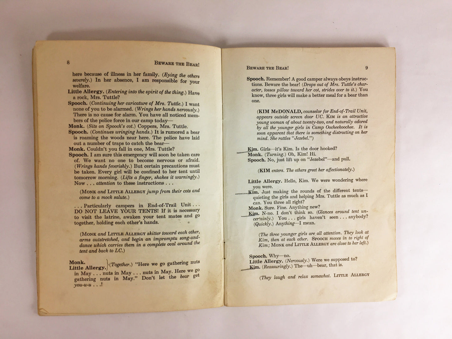 1953 Vintage theatre script Beware the Bear! Comedy in one act by Margaret Crary about a crises at the teenage girl summer camp lake.