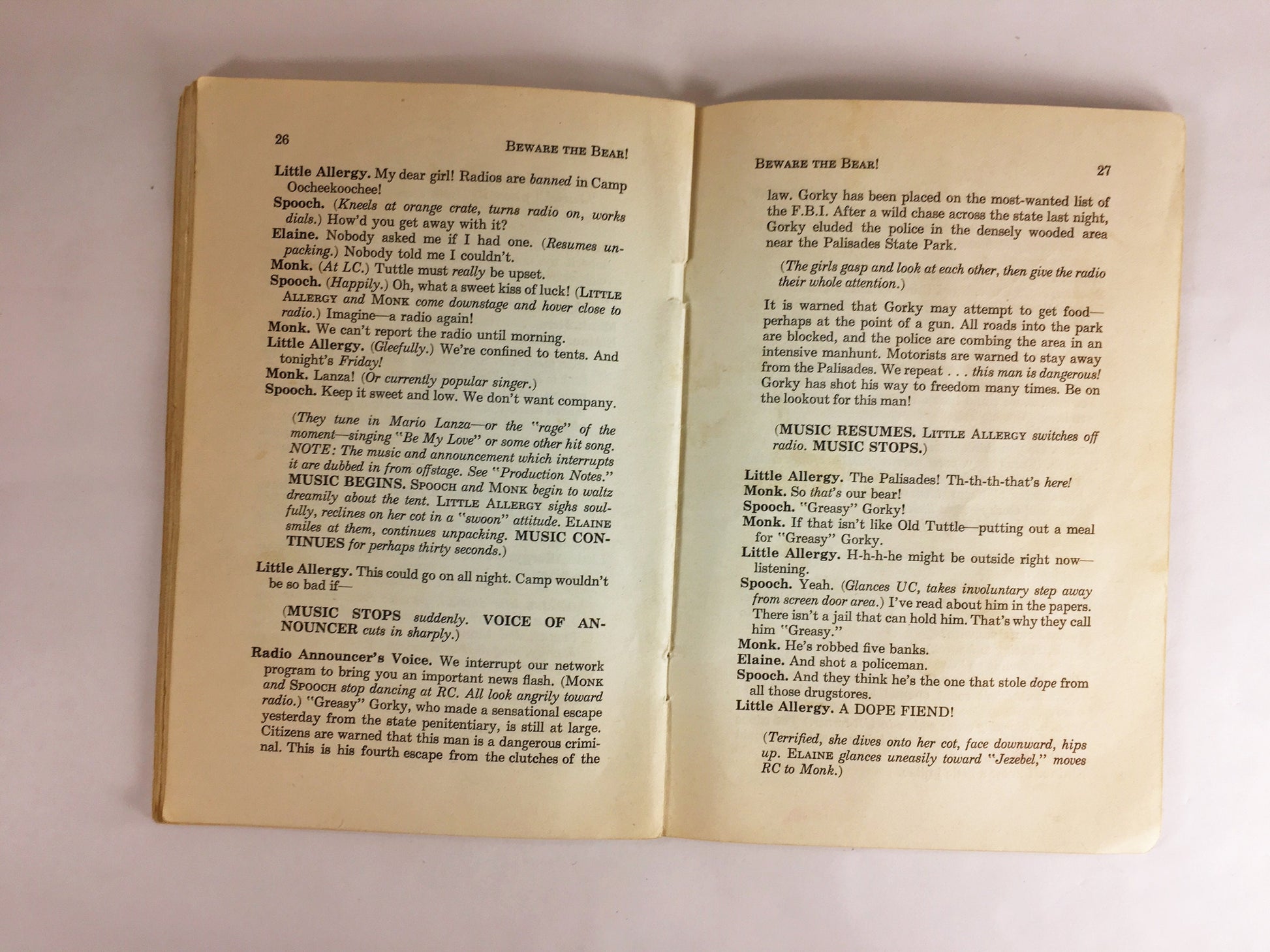 1953 Vintage theatre script Beware the Bear! Comedy in one act by Margaret Crary about a crises at the teenage girl summer camp lake.