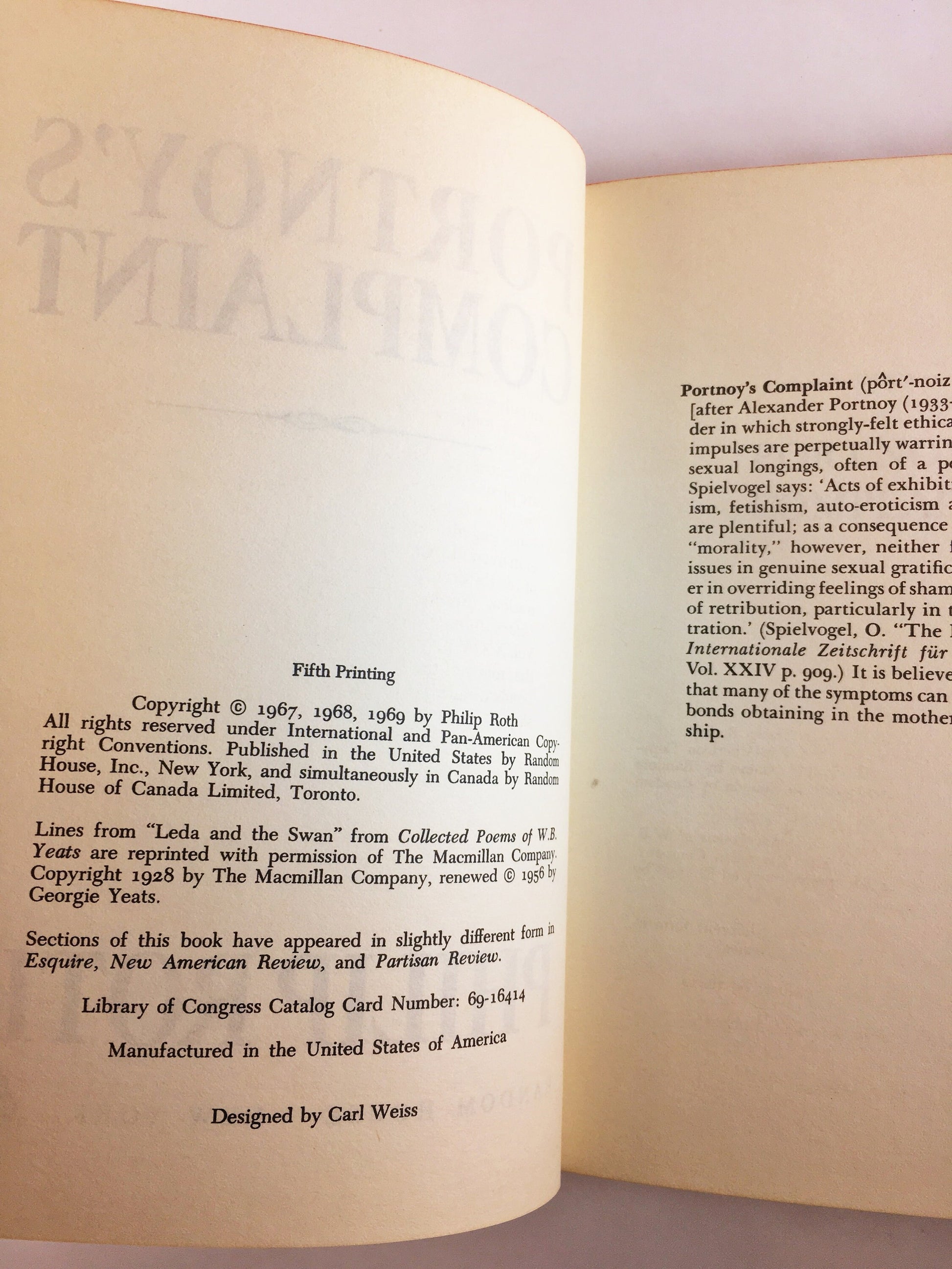 1969 Portnoy's Complaint by Philip Roth. Vintage EARLY PRINTING book bound in blue cloth. Lust-ridden, mother-addicted Jewish bachelor