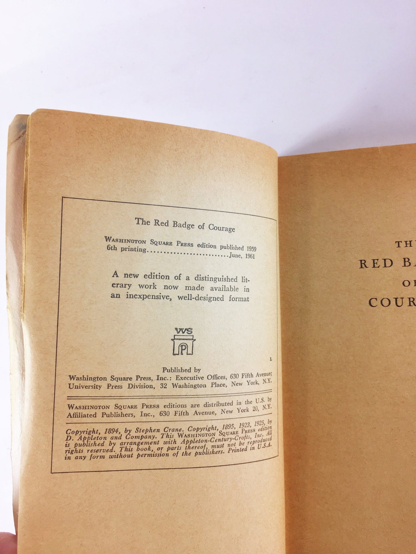 1961 Red Badge of Courage by Stephen Crane. Vintage Washington Square paperback book. Blue red black home bookshelf decor. Civil War Union