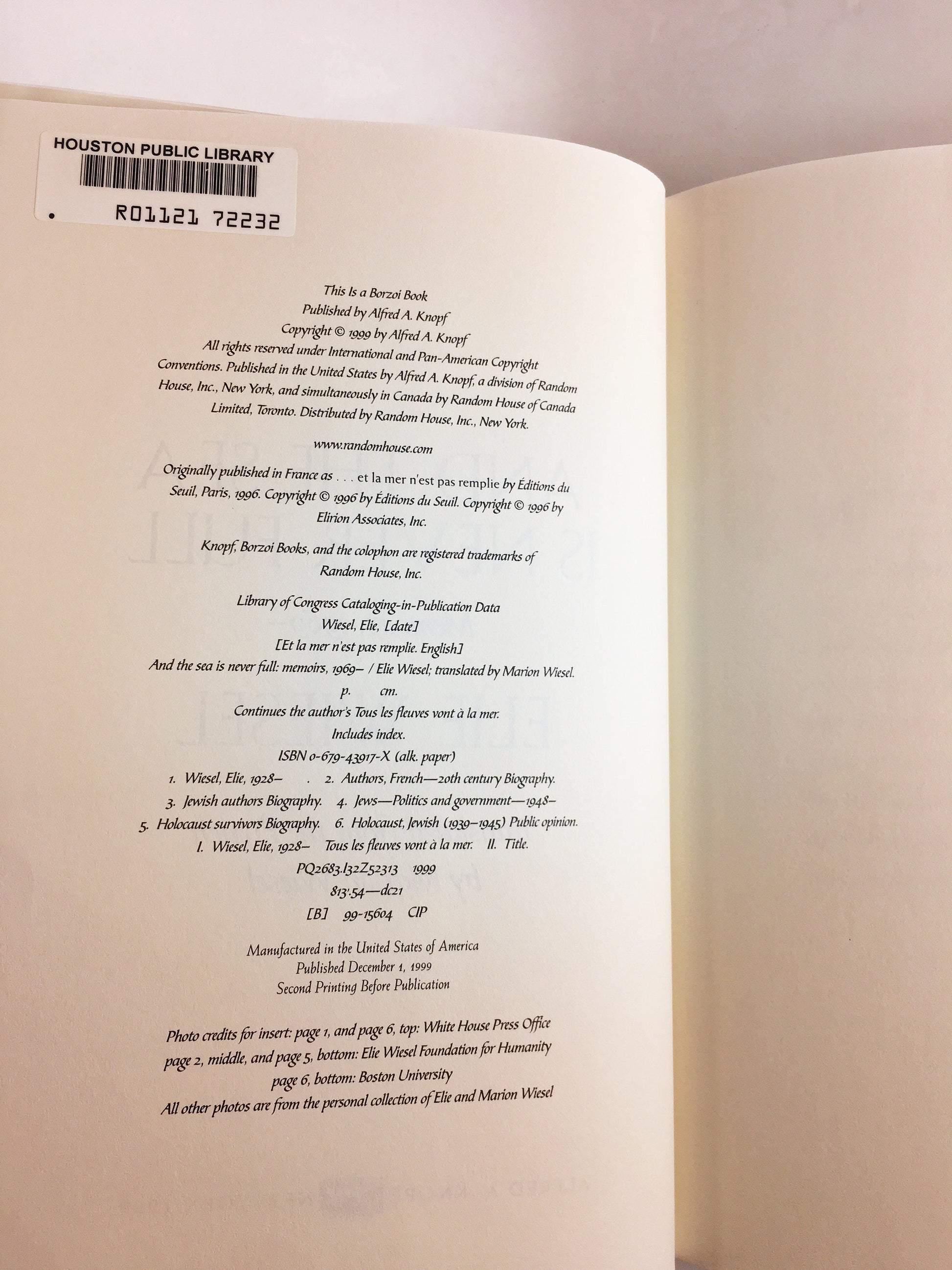 And the Sea is Never Full by Elie Wiesel Memoirs vintage biography book circa 1999. FIRST EDITION Holocaust survivor Nobel Peace Prize