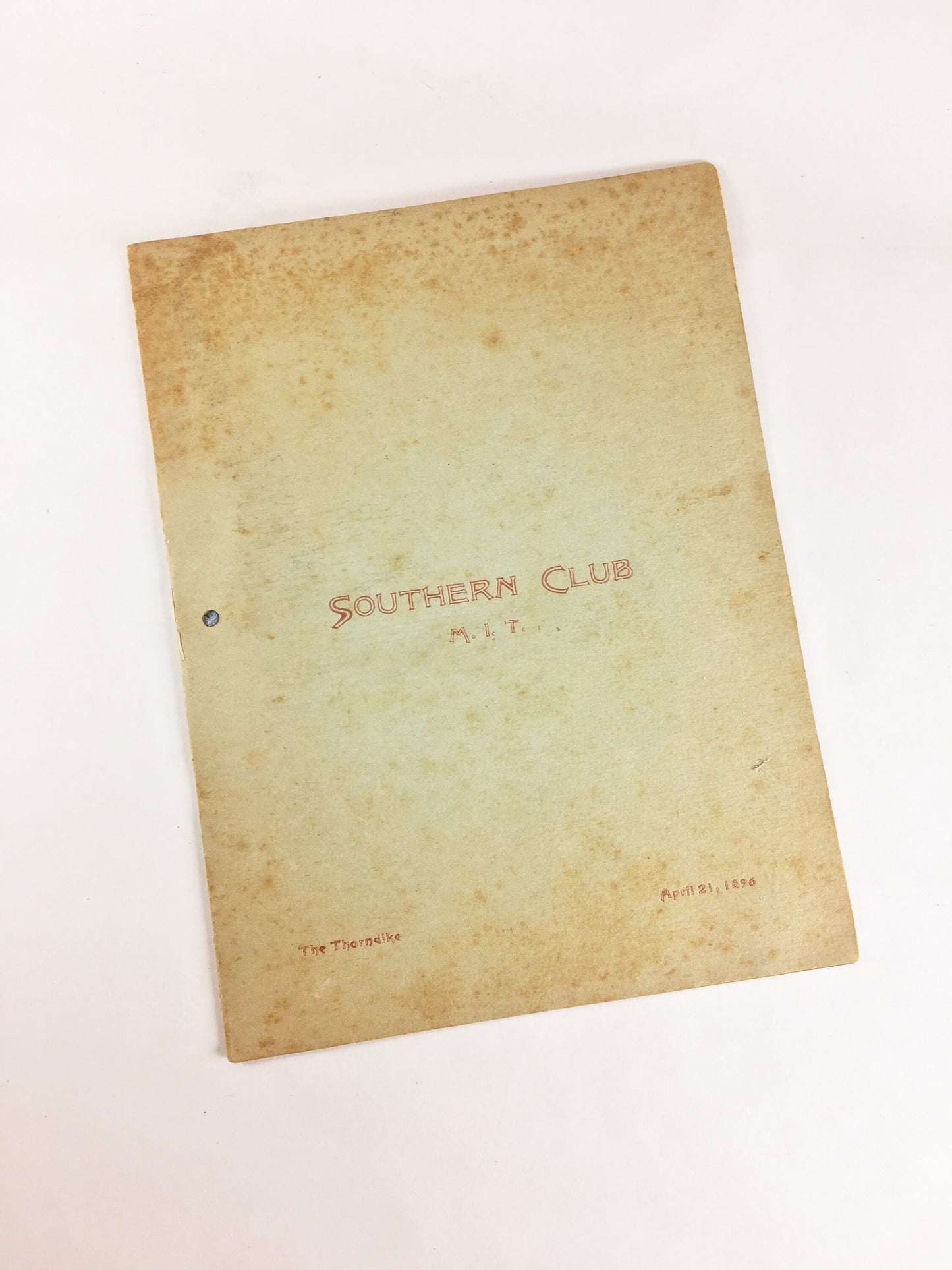 1896 MIT Southern Club menu at The Thorndike. Massachusetts Institute of Technology collectible memorabilia. Southern Students alumni