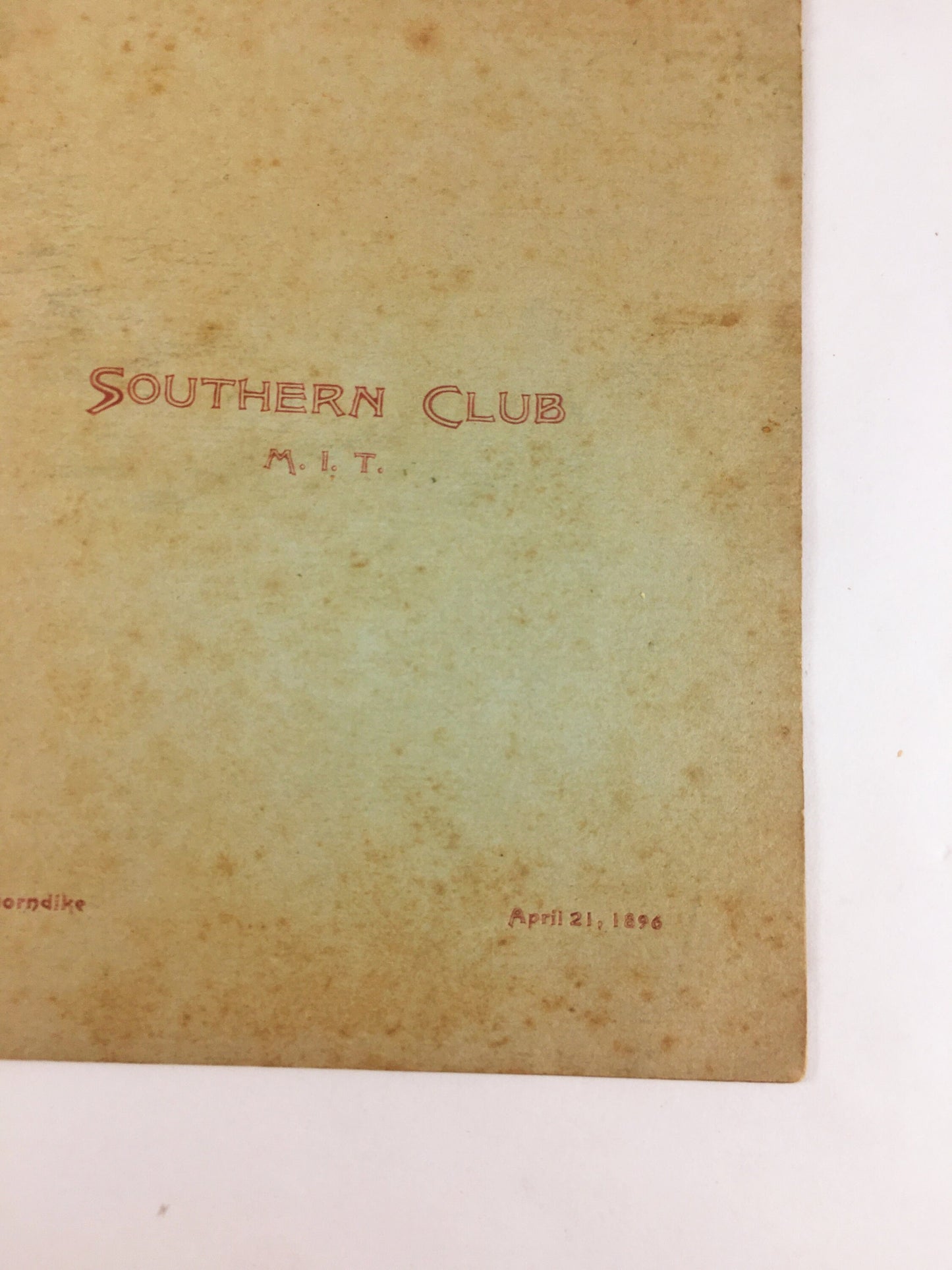 1896 MIT Southern Club menu at The Thorndike. Massachusetts Institute of Technology collectible memorabilia. Southern Students alumni