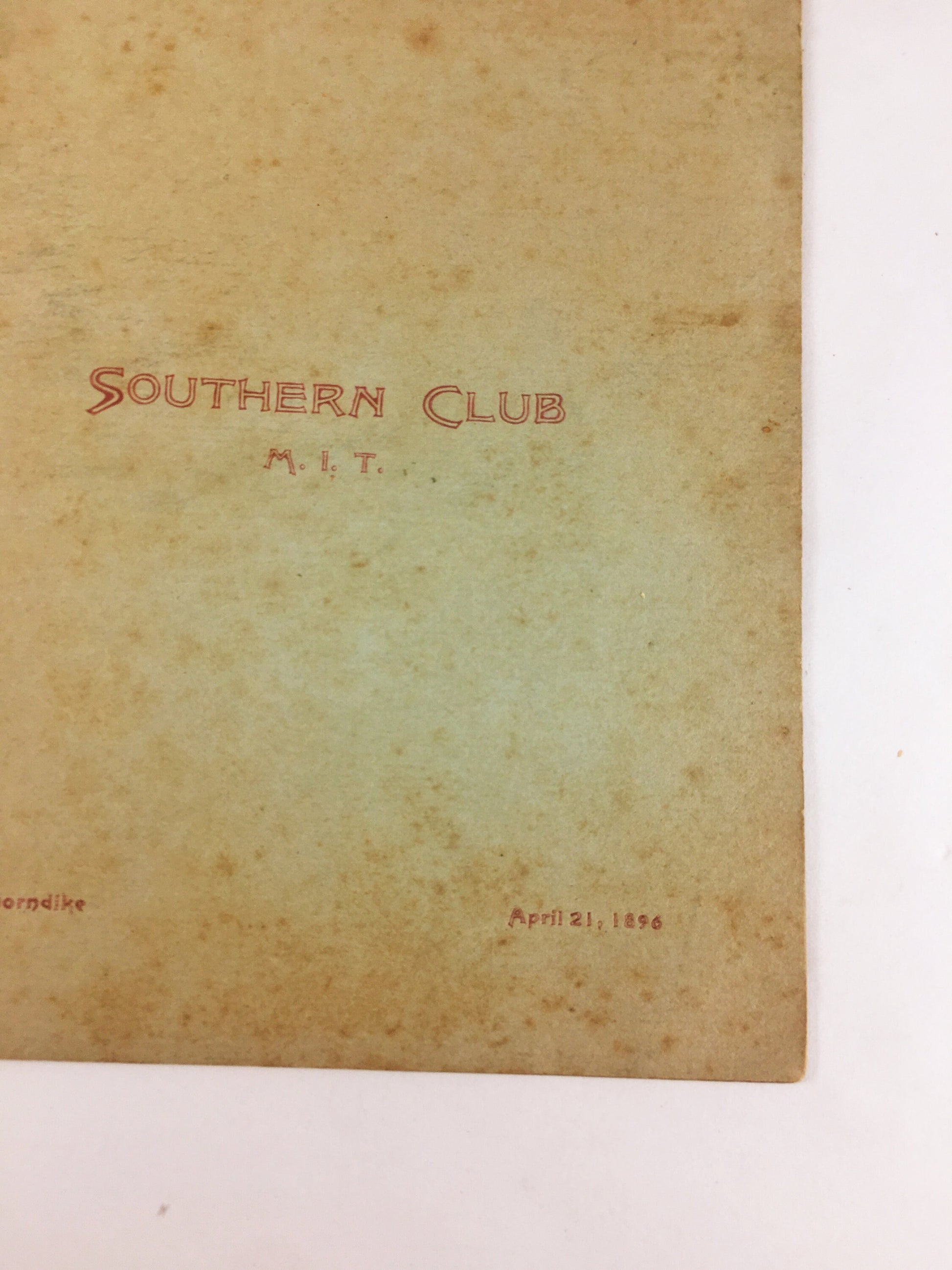 1896 MIT Southern Club menu at The Thorndike. Massachusetts Institute of Technology collectible memorabilia. Southern Students alumni