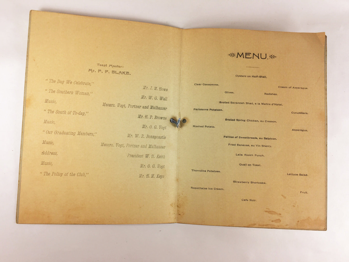 1896 MIT Southern Club menu at The Thorndike. Massachusetts Institute of Technology collectible memorabilia. Southern Students alumni