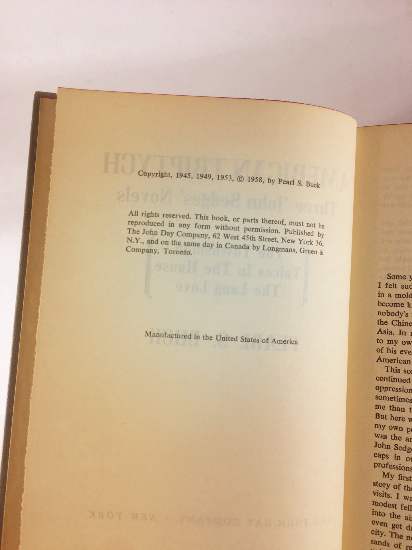 American Triptych vintage book by Pearl S Buck Three John Sedges Novels circa 1958. Townsman, Voices in the House, Long Love. Gray decor