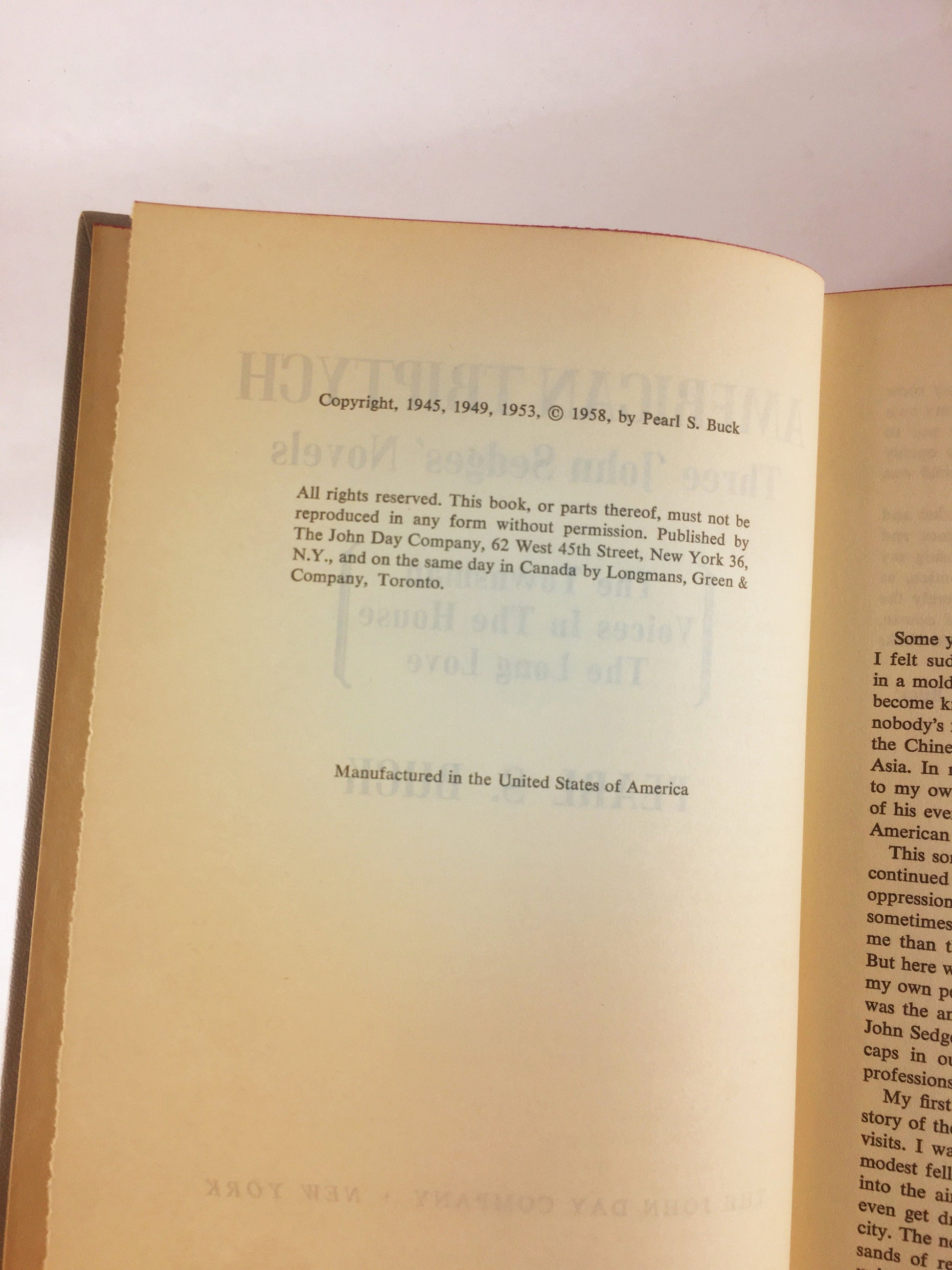 American Triptych vintage book by Pearl S Buck Three John Sedges Novels circa 1958. Townsman, Voices in the House, Long Love. Gray decor