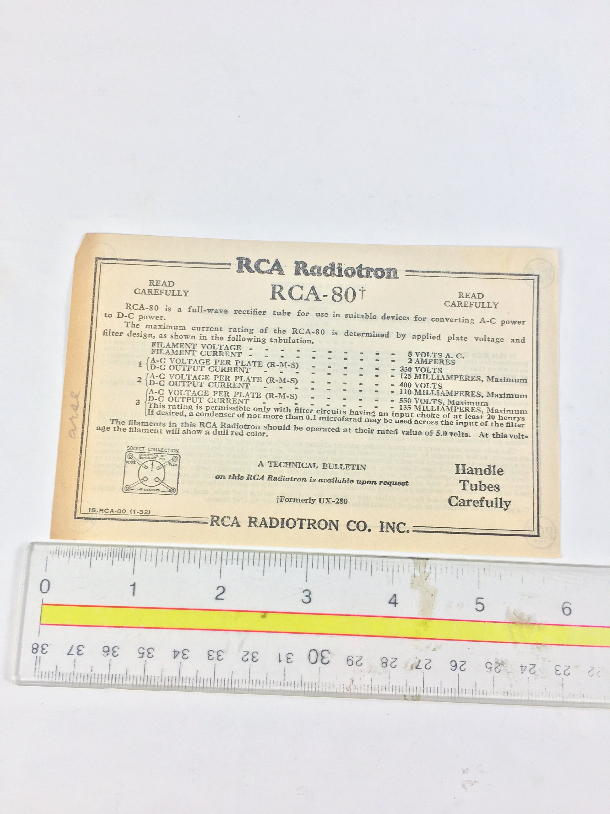 RCA Radiotron 80 Technical Bulletin. Vintage Collectible UX-280 document sheet circa 1939 for antique radio & tubes old internet